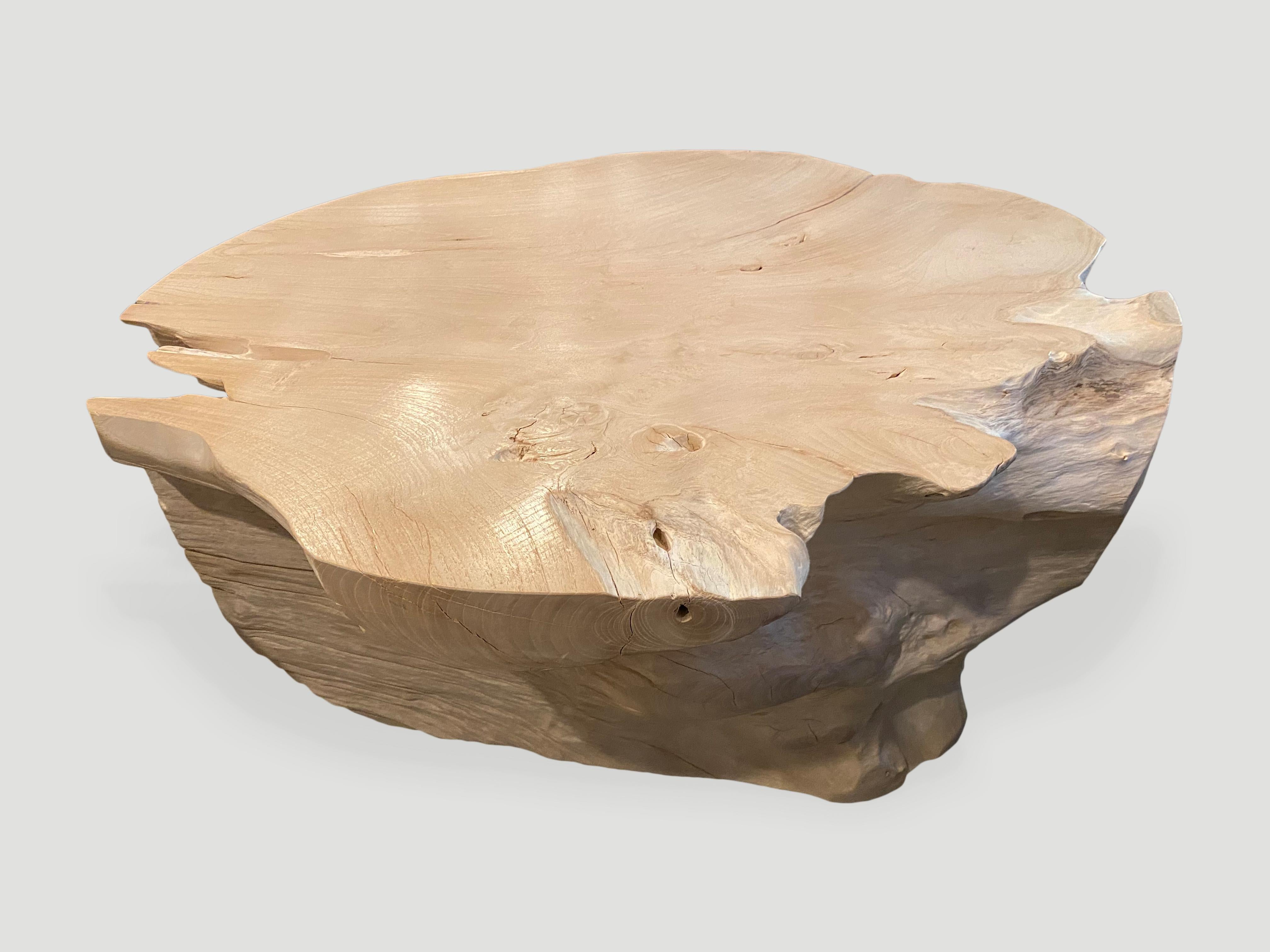 Beautiful single root organic coffee table with a relatively flat usable top. The reclaimed teak is bleached and left to bake in the sun and sea salt air for over a year to achieve this unique finish. We have added a light shellack to the top and
