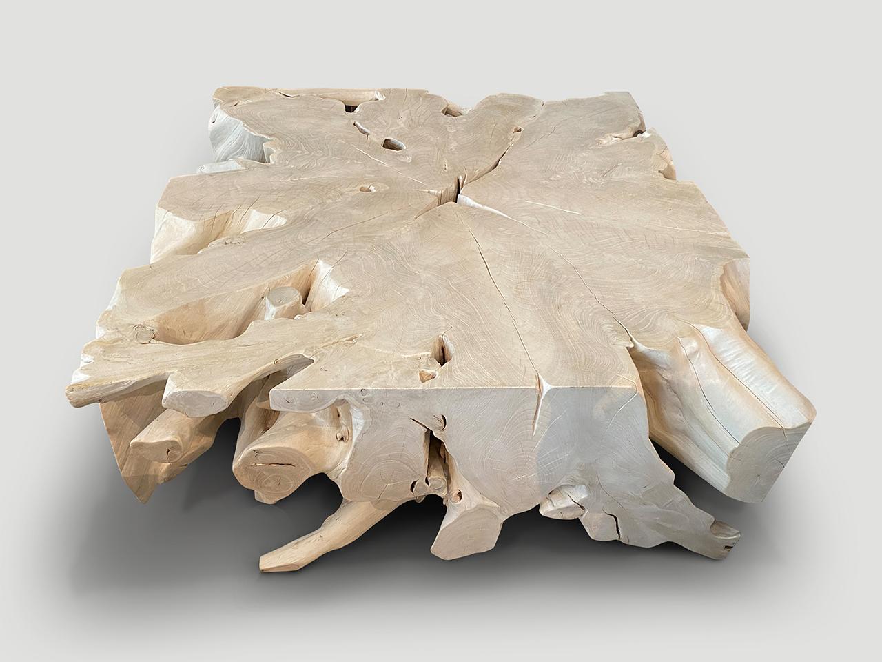 Bellissimo tavolino in teak sbiancato o, se girato di lato, una consolle di 41 cm di larghezza x 17 cm di profondità x 40 cm di altezza. Tagliato, modellato e levigato a mano da un'unica radice di teak recuperata. Scala impressionante e allo stesso