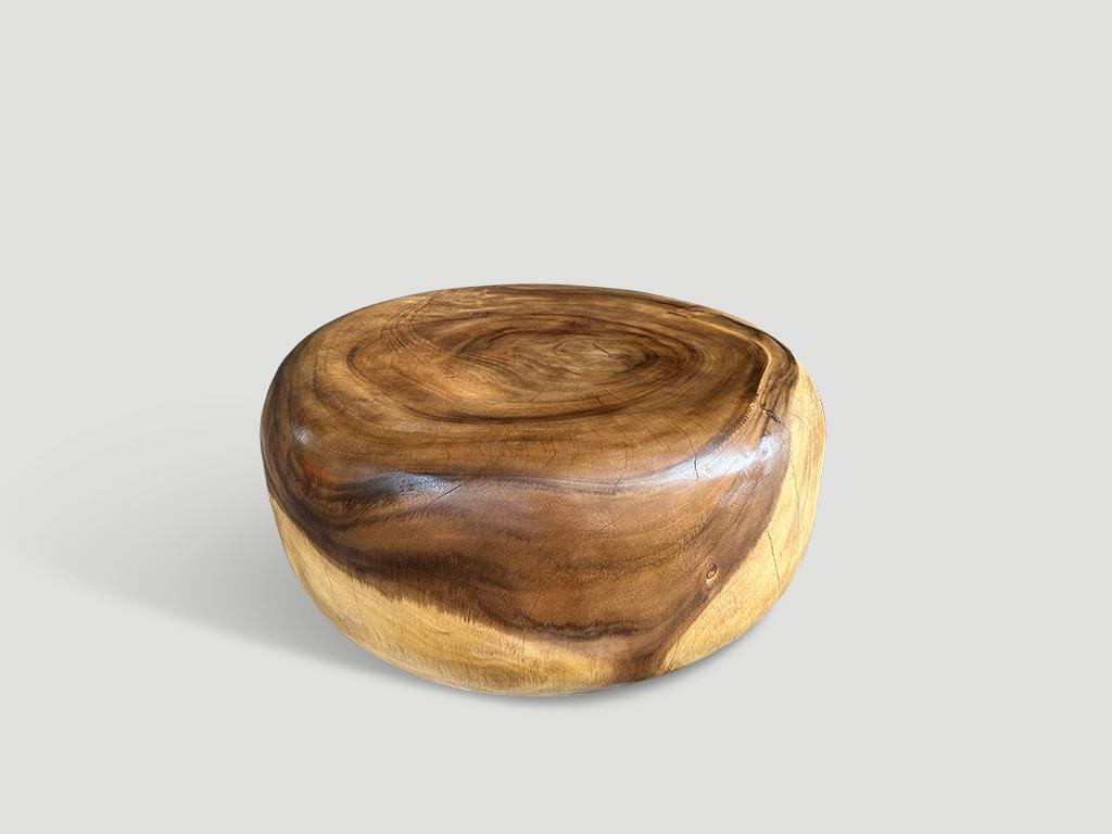 Impressive contrasting tones on this reclaimed single root suar wood coffee table. Hand carved into a stunning drum shape and finished with a natural oil revealing the beautiful wood grain.

Own an Andrianna Shamaris original.

Andrianna