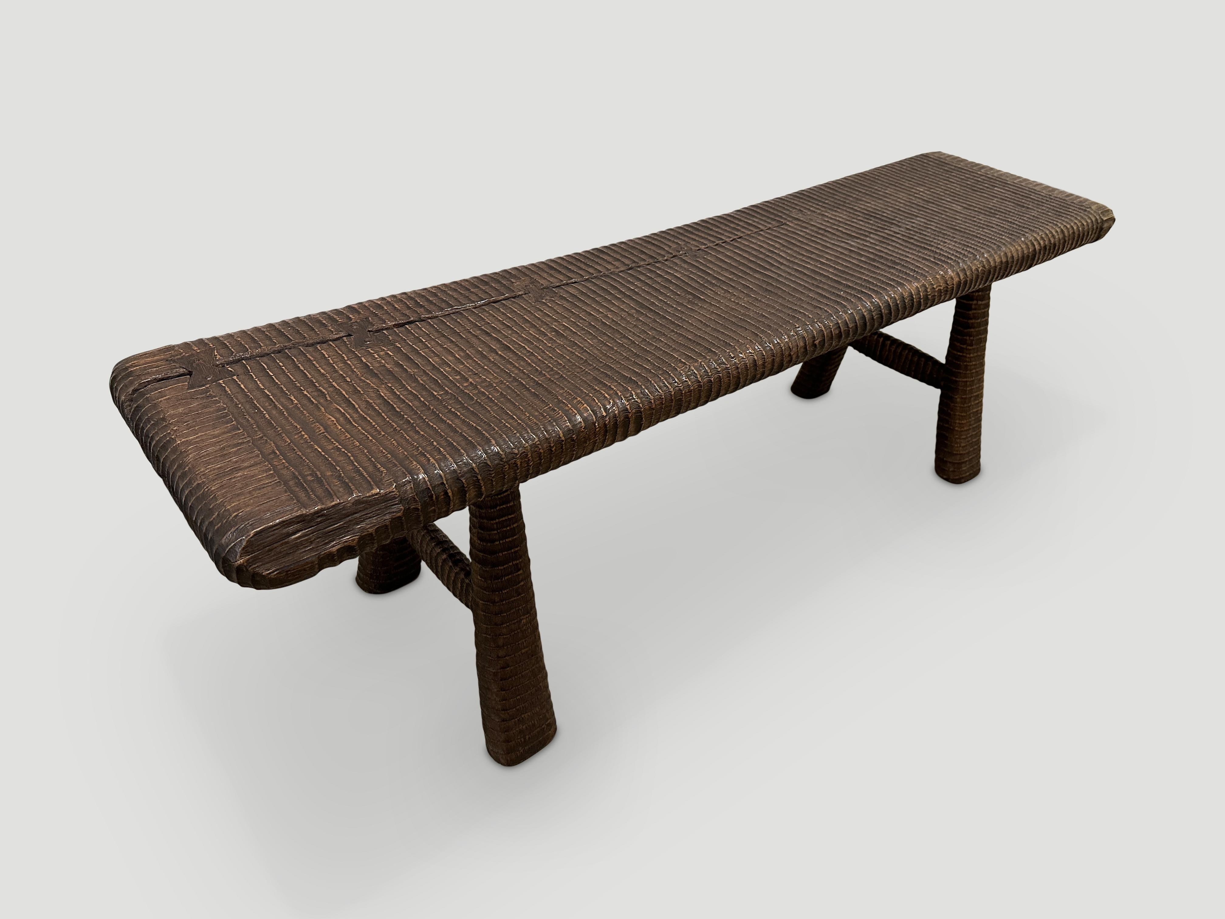 Mid-Century Modern Andrianna Shamaris Impressive Hand Carved Espresso Stained Teak Wood Bench For Sale
