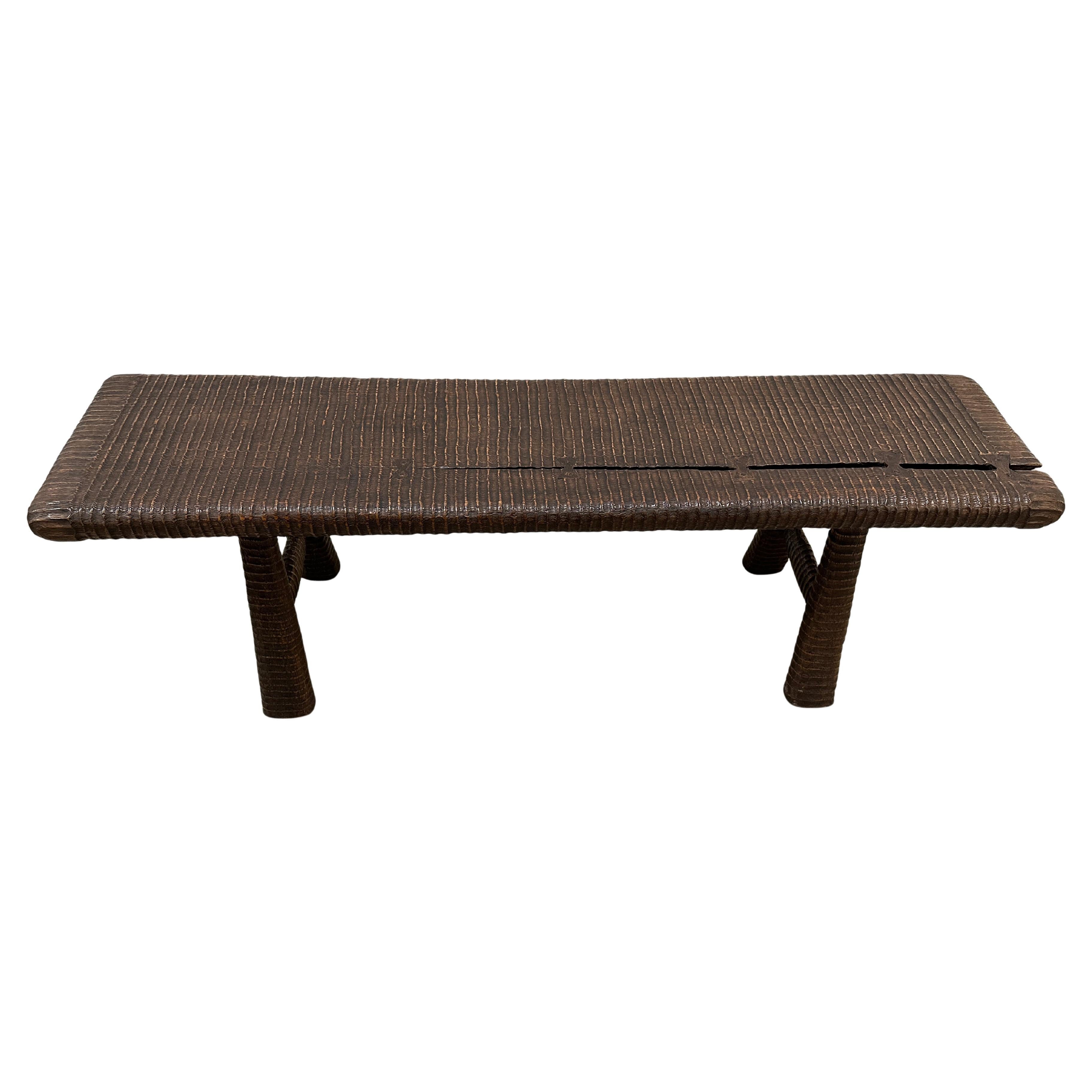 Andrianna Shamaris Impressive Hand Carved Espresso Stained Teak Wood Bench For Sale