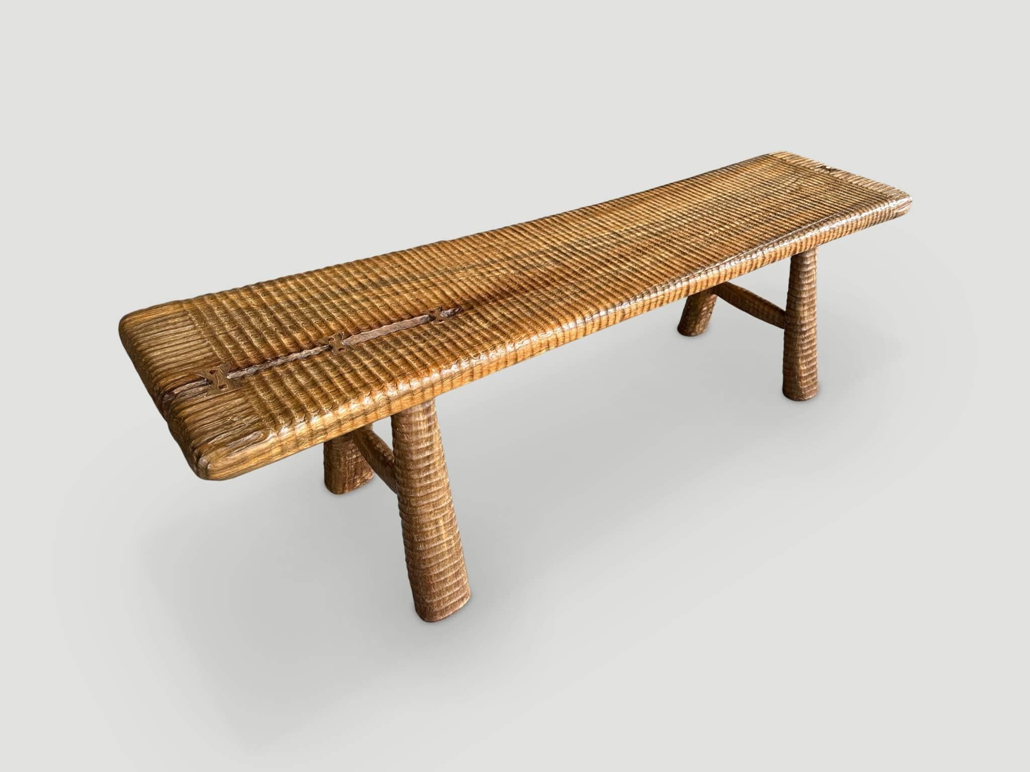 Andrianna Shamaris Impressive Hand Carved Natural Teak Wood Bench In Excellent Condition For Sale In New York, NY