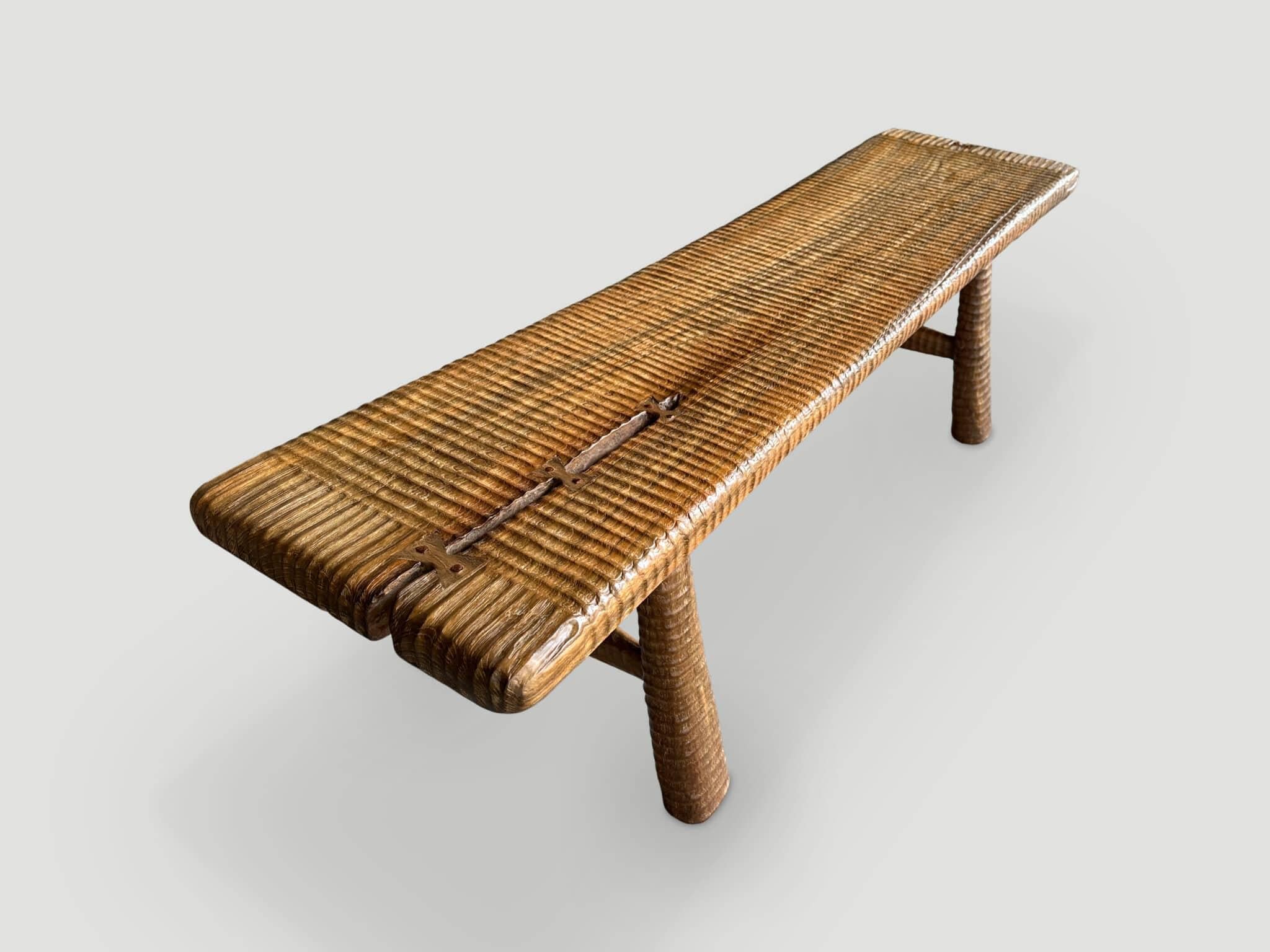 Contemporary Andrianna Shamaris Impressive Hand Carved Natural Teak Wood Bench For Sale