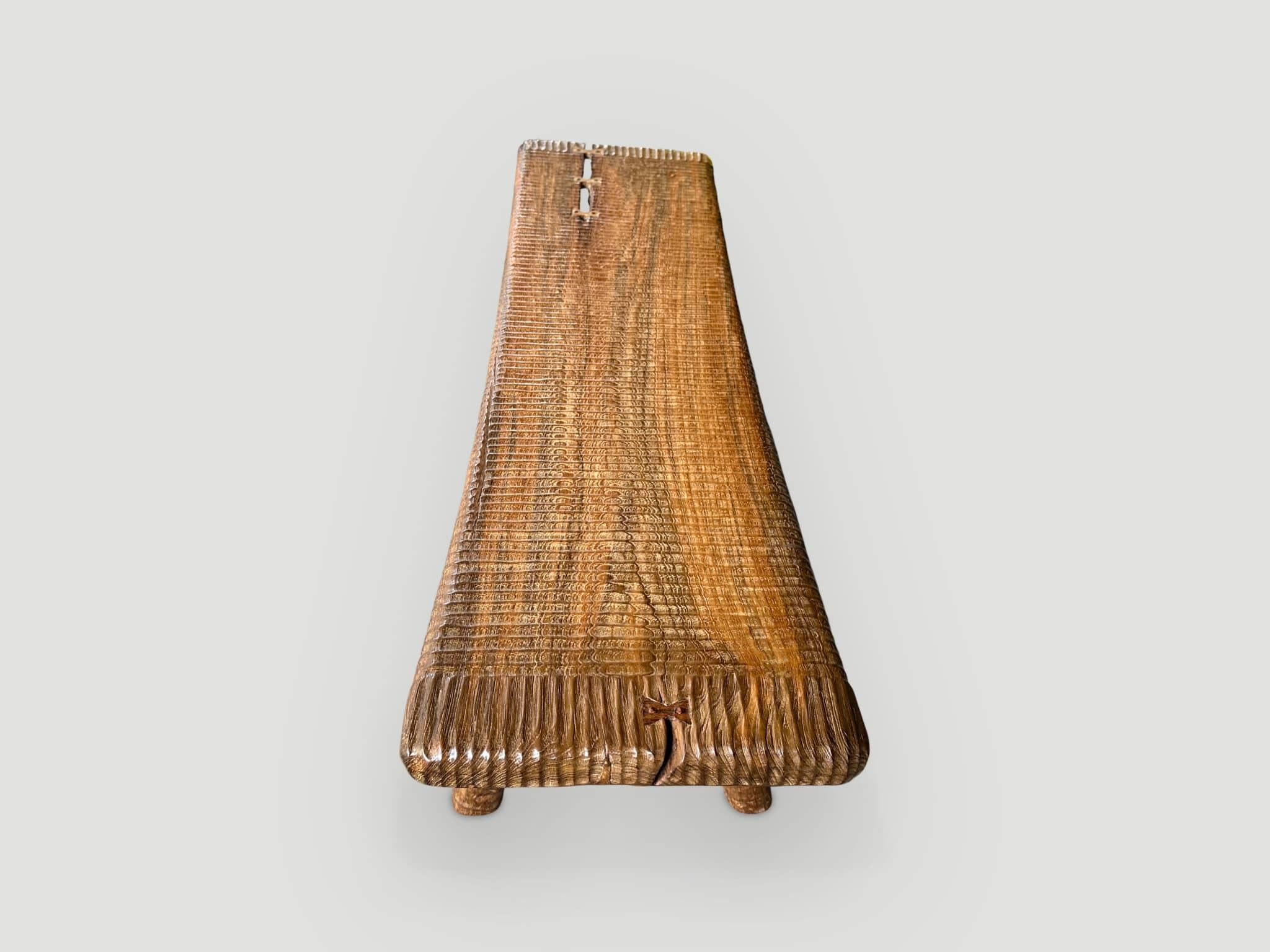 Andrianna Shamaris Impressive Hand Carved Natural Teak Wood Bench For Sale 1