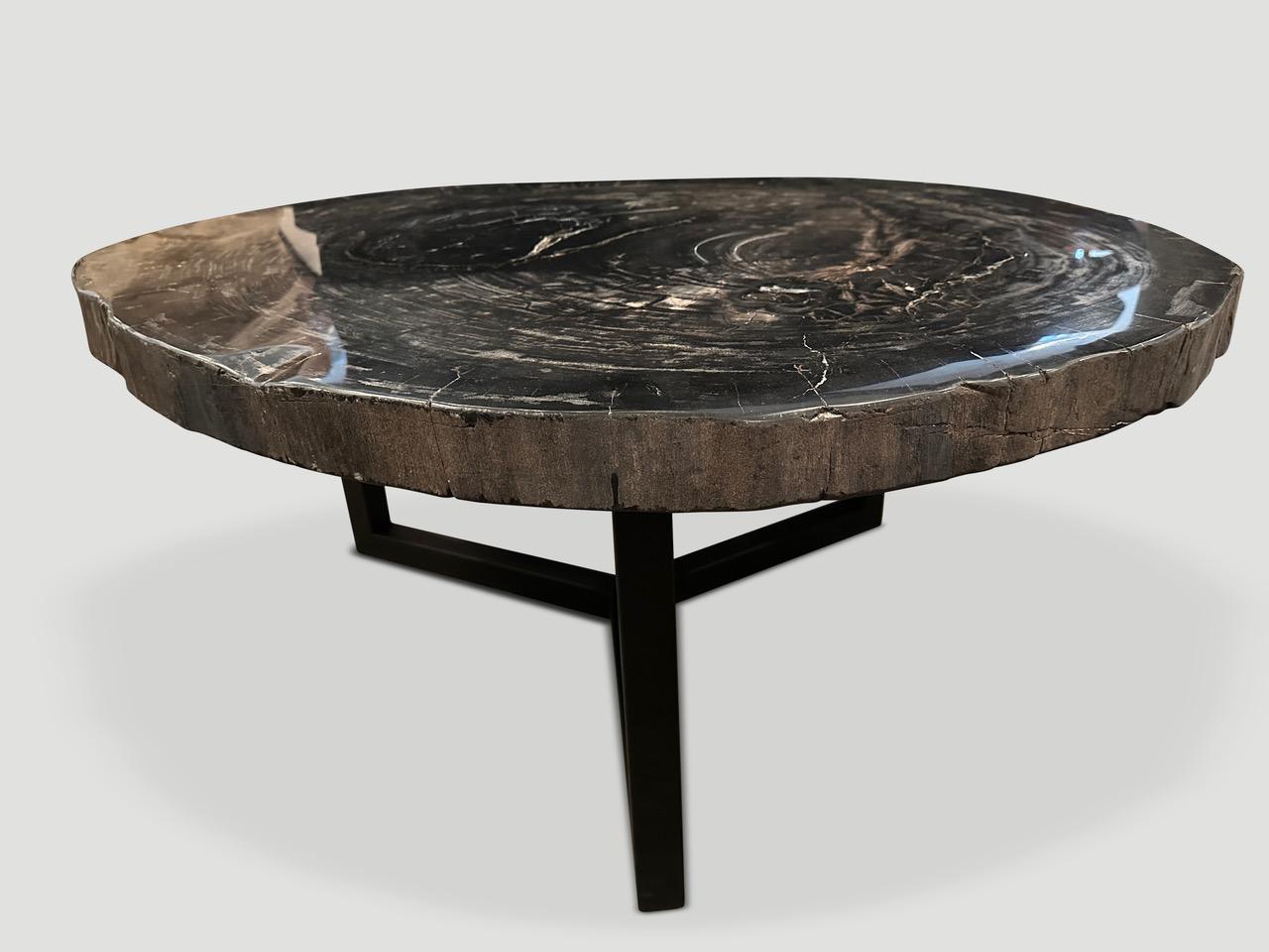 Stunning rare blue black tones on this petrified wood slab coffee table. This large impressive slab is floating on a minimalist metal base. Contrasting white markings and natural crystals are embedded on the top. We polished the top and left the