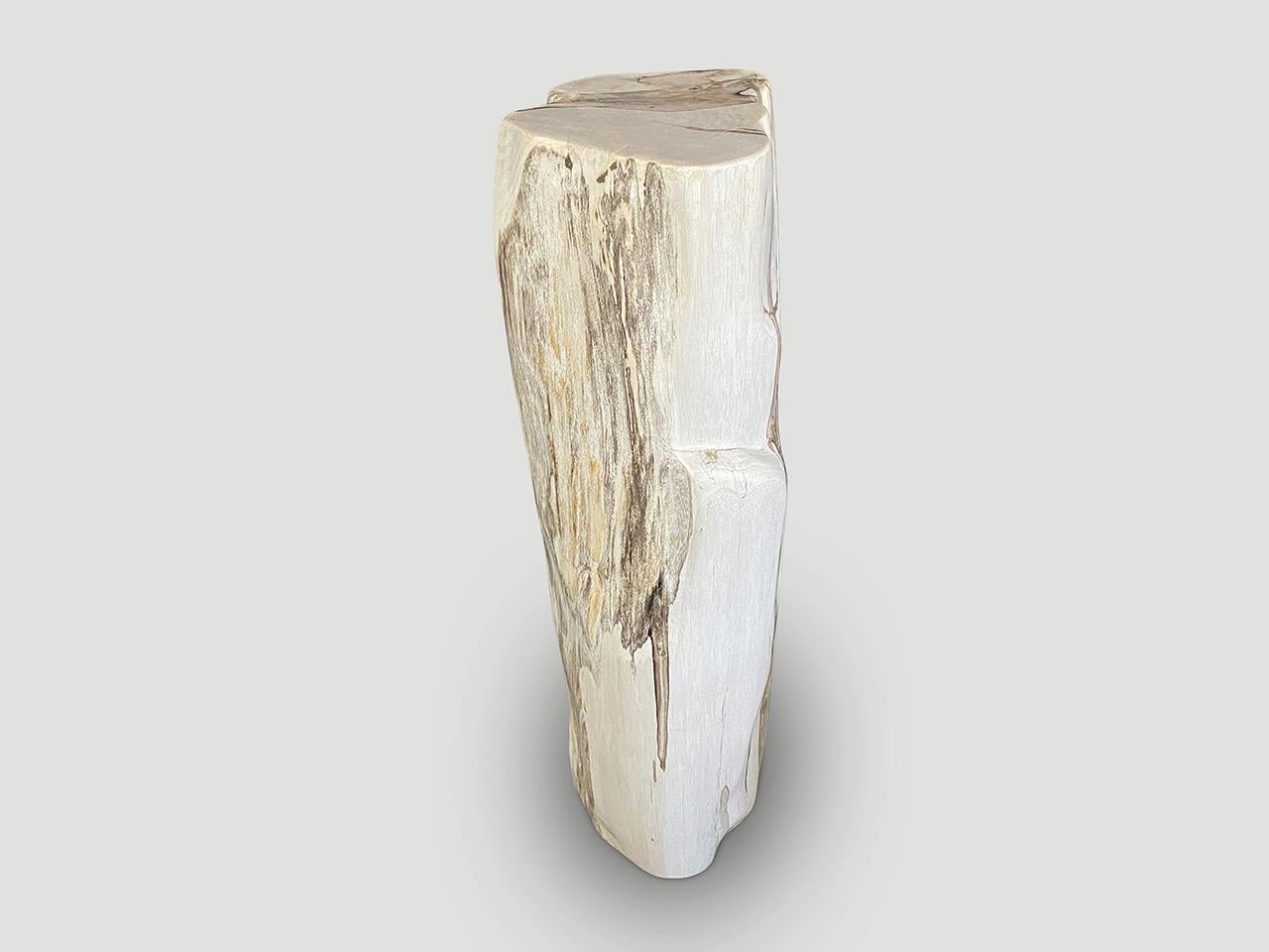 Beautiful neutral tones on this high quality petrified wood pedestal. It’s fascinating how Mother Nature produces these stunning 40 million year old petrified teak logs with such contrasting colors and natural patterns throughout. Modern yet with so