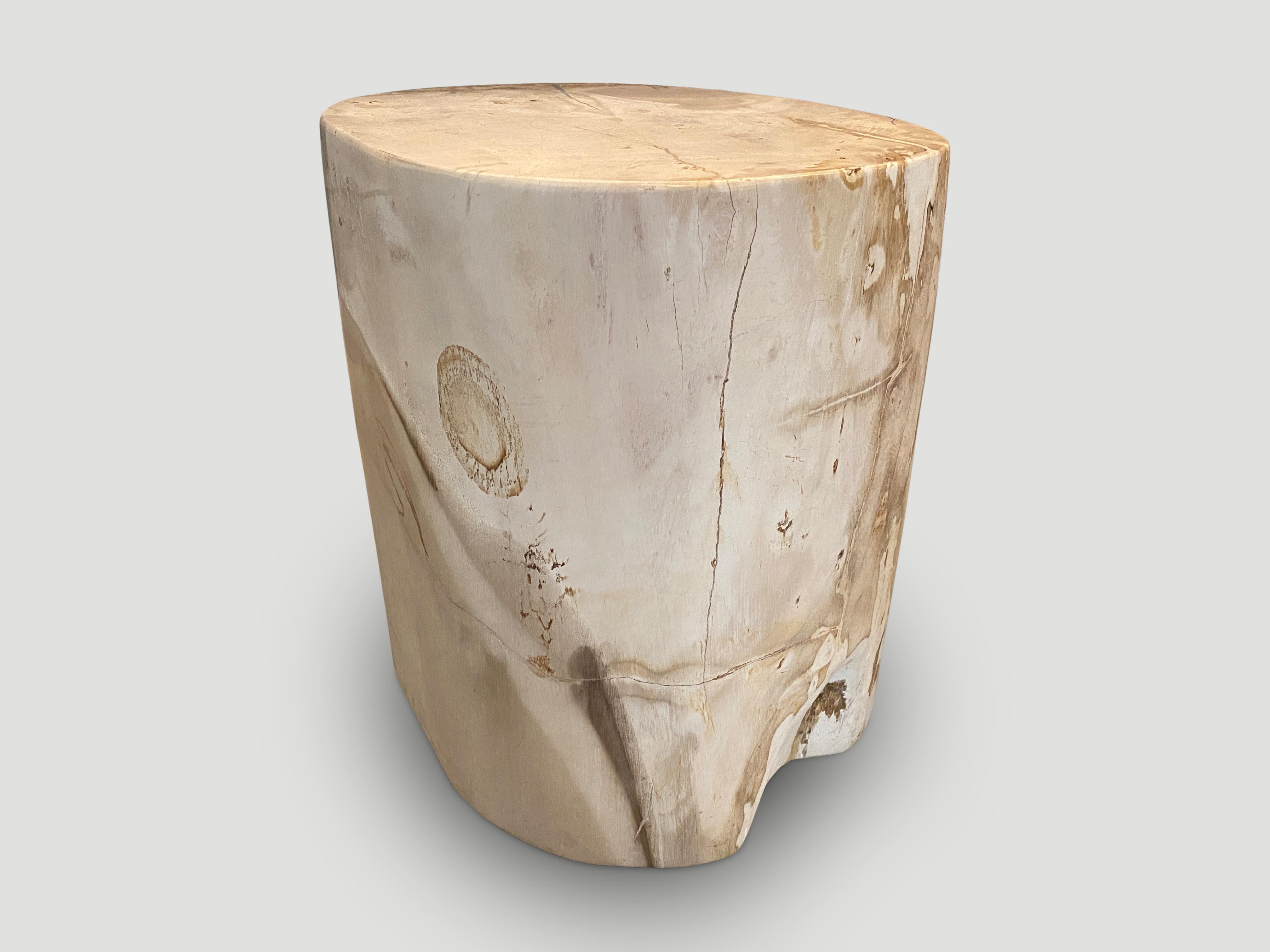 Beautiful rare neutral tones and markings on this large high quality petrified wood side table. It’s fascinating how Mother Nature produces these stunning 40 million year old petrified teak logs with such contrasting colors and natural patterns