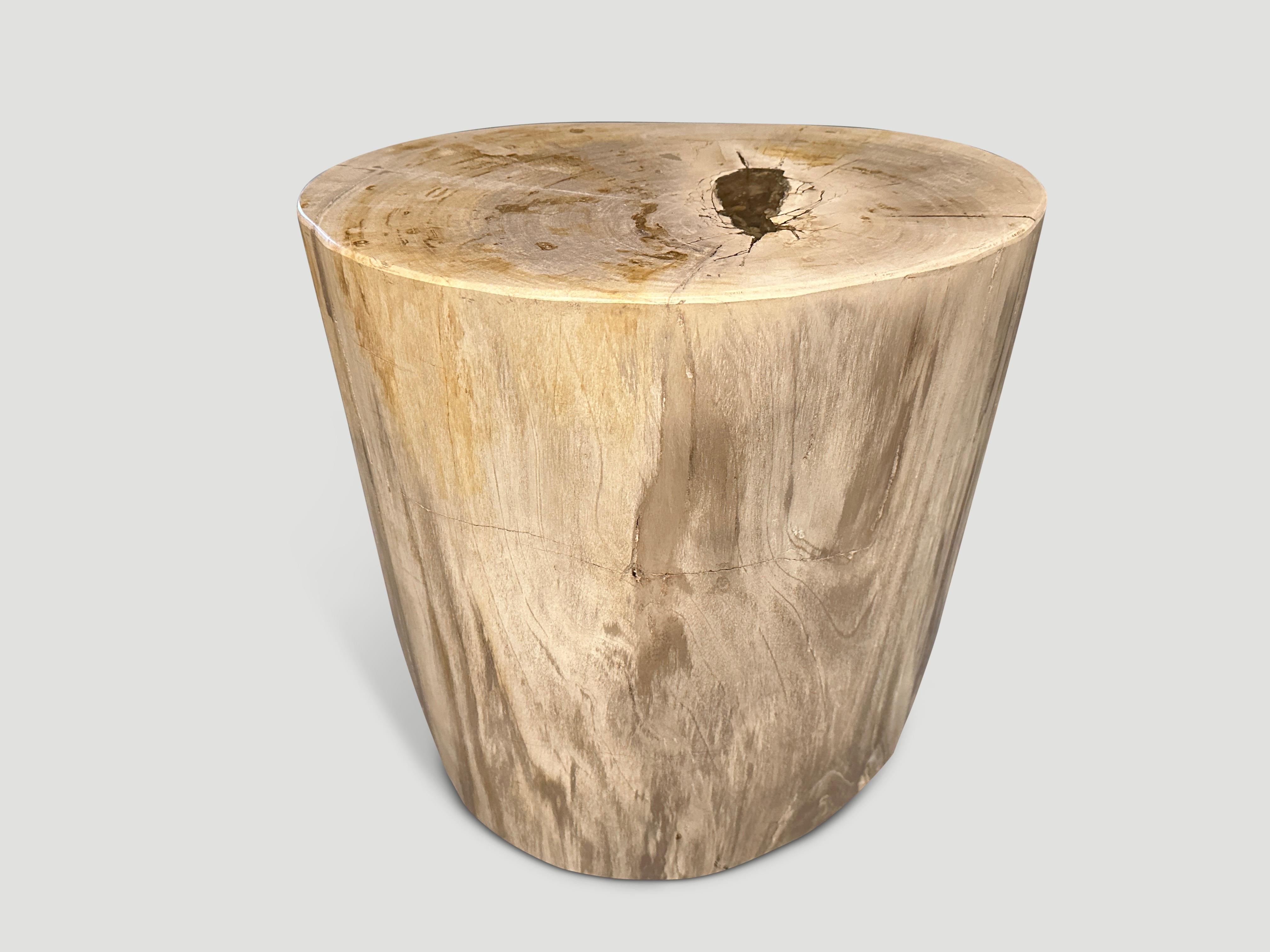 Impressive beautiful contrasting tones on this high quality petrified wood side table. It’s fascinating how Mother Nature produces these stunning 40 million year old petrified teak logs with such contrasting colors and natural patterns throughout.