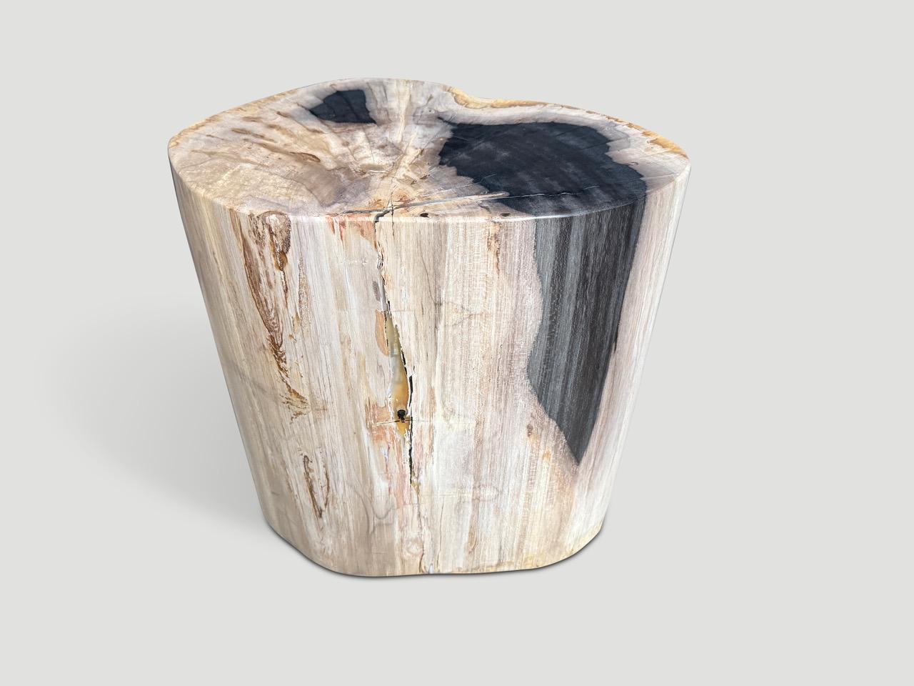 Beautiful tones and markings on this high quality petrified wood side table. It’s fascinating how Mother Nature produces these exquisite 40 million year old petrified teak logs with such contrasting colors and natural patterns throughout. Modern yet