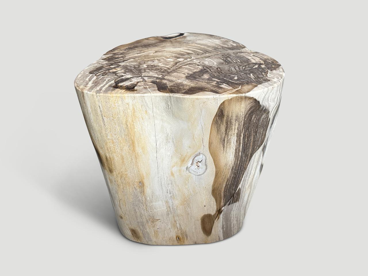 Impressive beautiful contrasting tones and markings on this high quality petrified wood side table. It’s fascinating how Mother Nature produces these stunning 40 million year old petrified teak logs with such contrasting colors and natural patterns