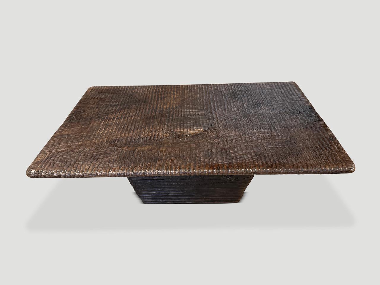 A century year old mortar originally used to grind rice is repurposed into this one of a kind coffee table. Carved from a single block of teak wood and featuring our unique minimalist carving to produce this impressive coffee table with a bevelled