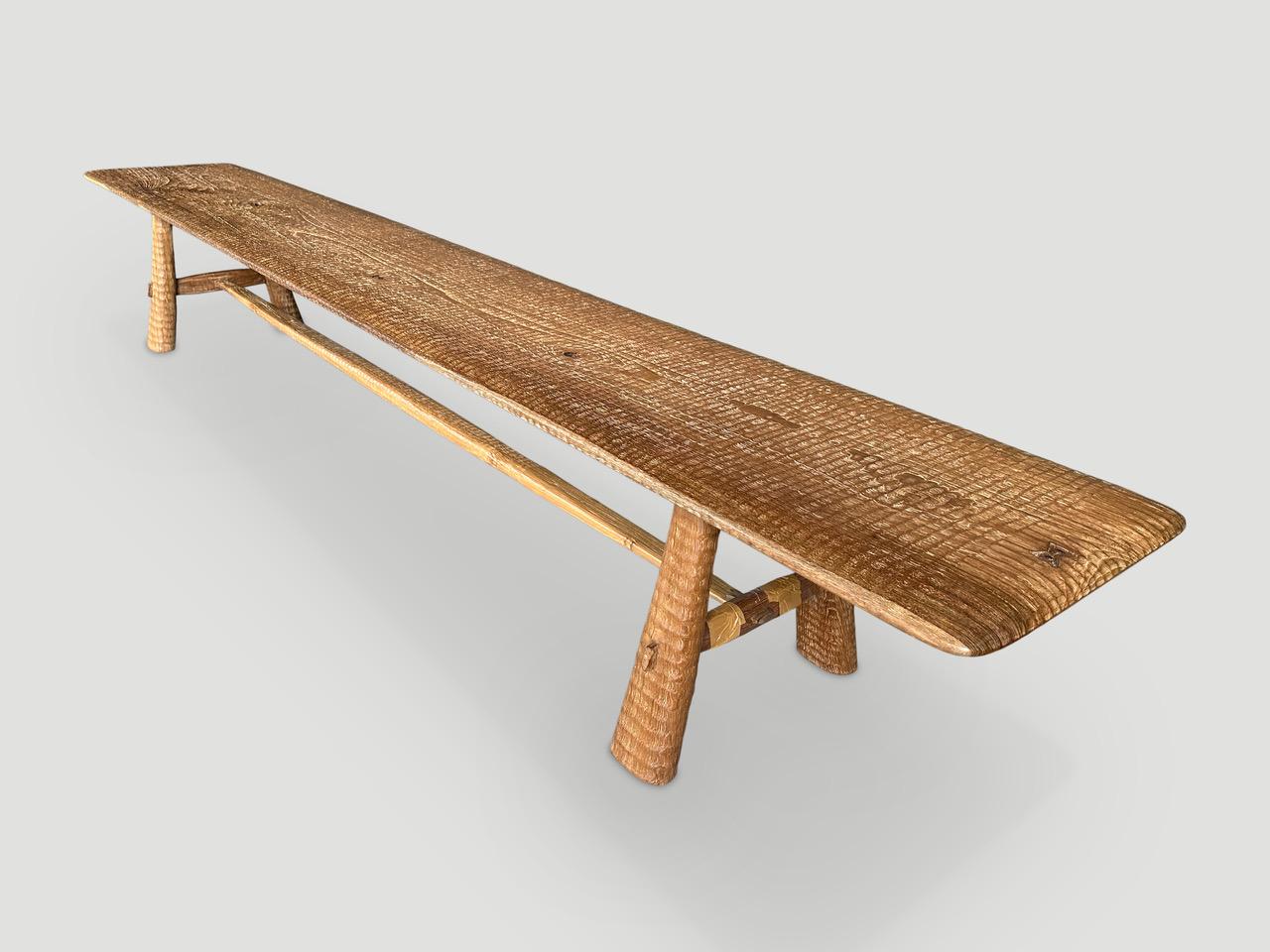 Mid-Century Modern Andrianna Shamaris Impressive Minimalist Carved Long Teak Wood Bench For Sale