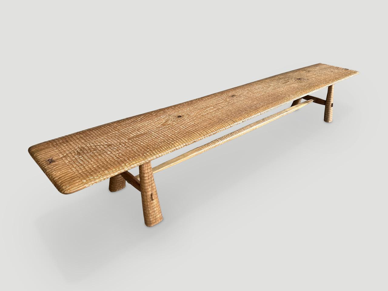 Andrianna Shamaris Impressive Minimalist Carved Long Teak Wood Bench In Excellent Condition For Sale In New York, NY