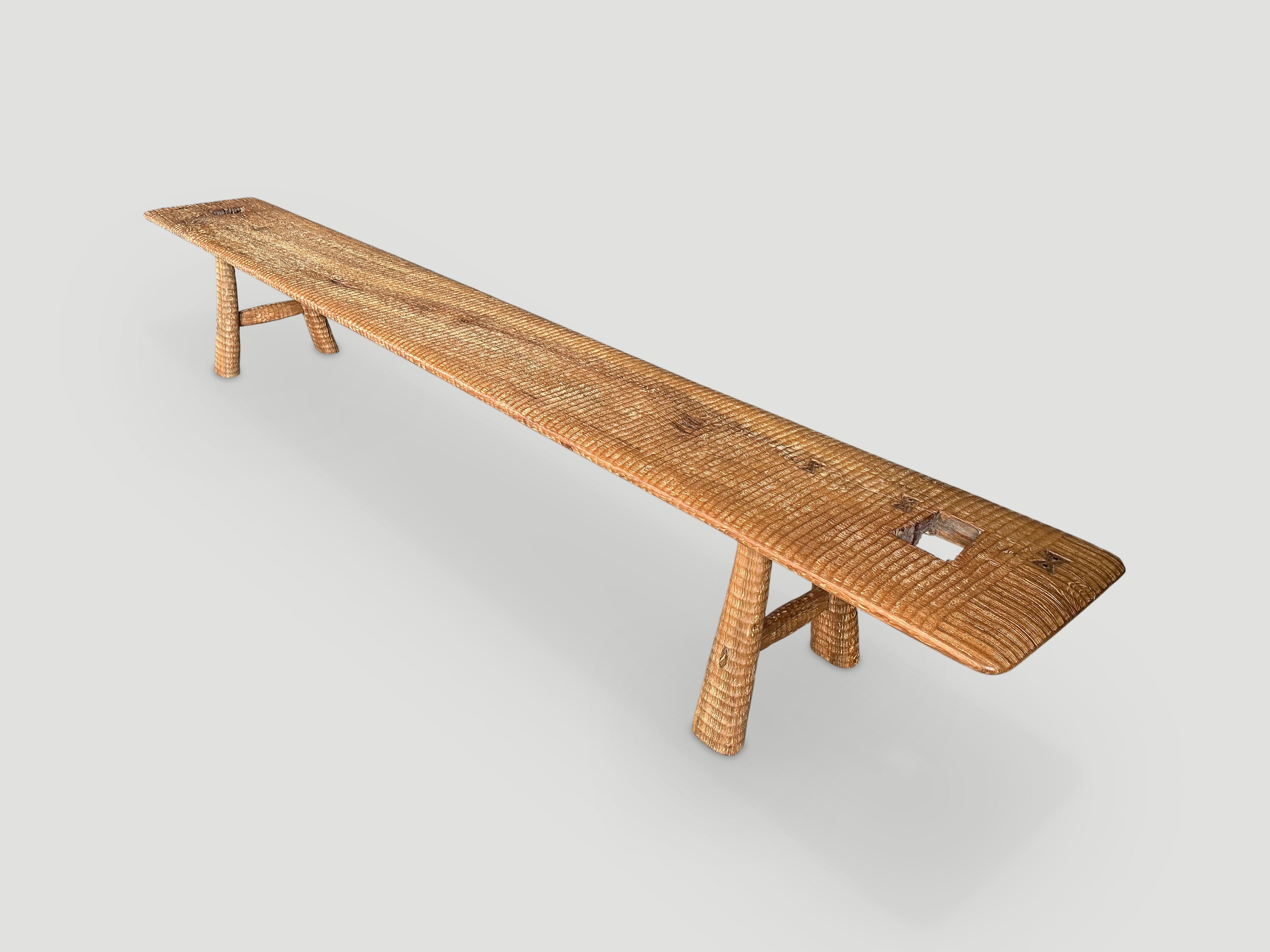 Andrianna Shamaris Impressive Minimalist Carved Long Teak Wood Bench In Excellent Condition In New York, NY