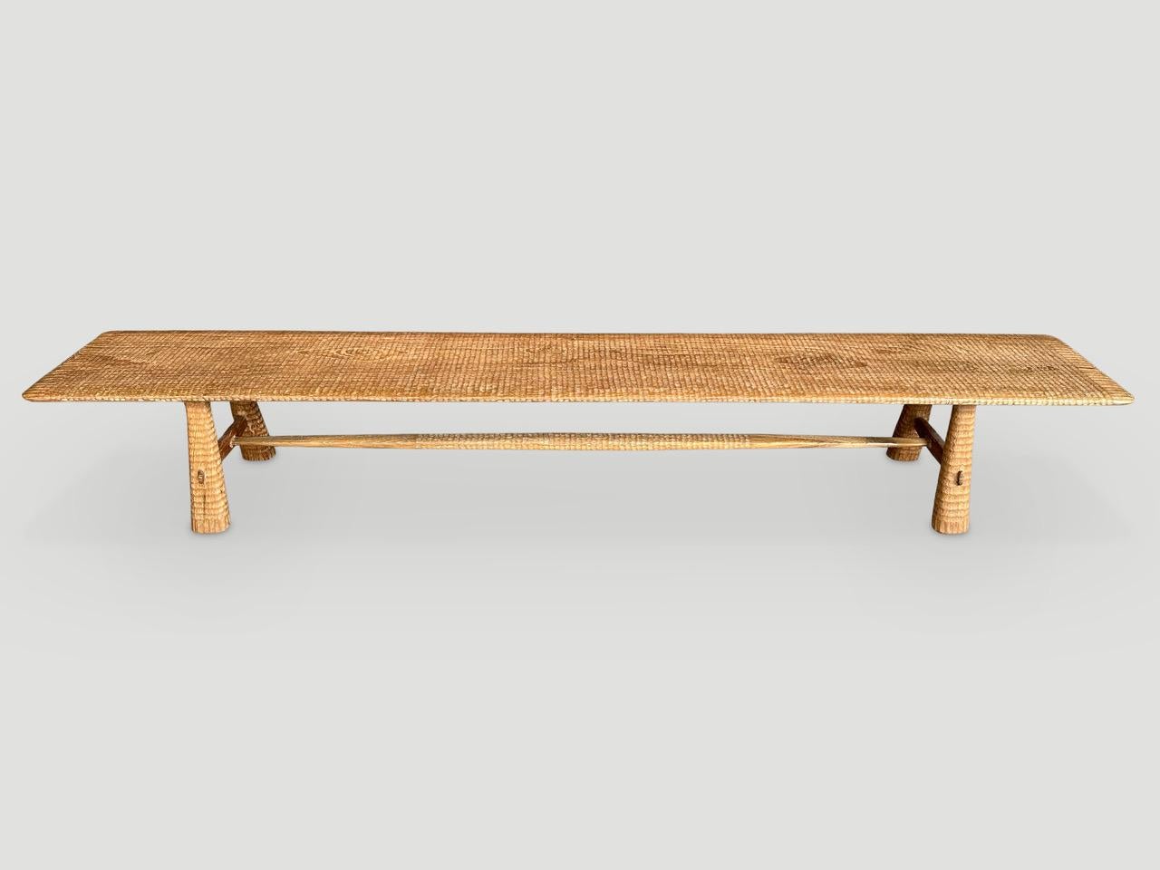 Andrianna Shamaris Impressive Minimalist Carved Long Teak Wood Bench In Excellent Condition In New York, NY