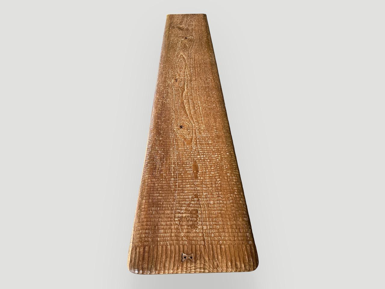 Andrianna Shamaris Impressive Minimalist Carved Long Teak Wood Bench For Sale 1