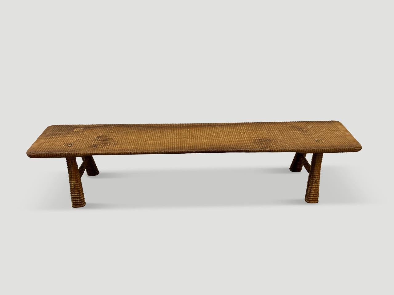 Andrianna Shamaris Impressive Minimalist Carved Teak Wood Bench In Excellent Condition For Sale In New York, NY