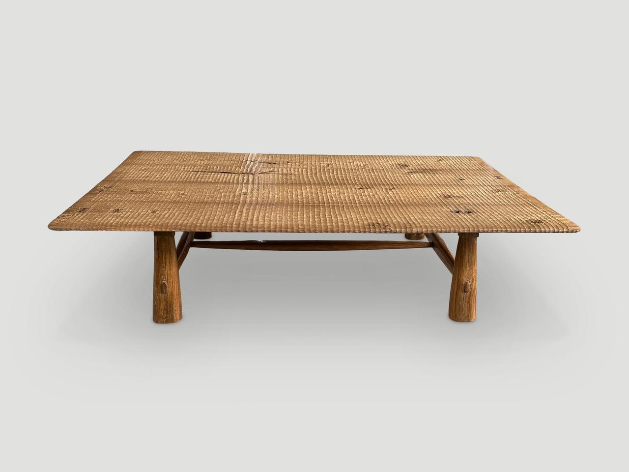 Andrianna Shamaris Impressive Minimalist Carved Teak Wood Coffee Table In Excellent Condition In New York, NY