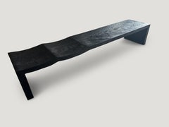 Andrianna Shamaris Charred Suar Wood Wave Bench, Minimalist Design