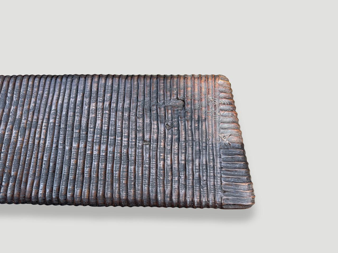 Andrianna Shamaris Impressive Minimalist Hand Carved Teak Wood Bench In Excellent Condition For Sale In New York, NY