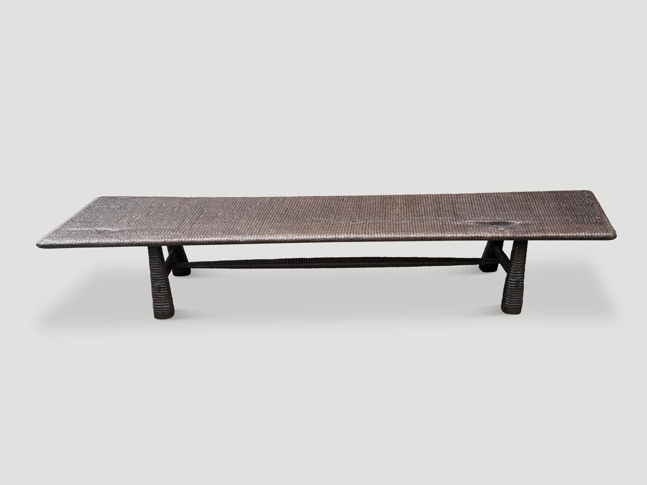 Andrianna Shamaris Impressive Minimalist Hand Carved Teak Wood Bench In Excellent Condition For Sale In New York, NY