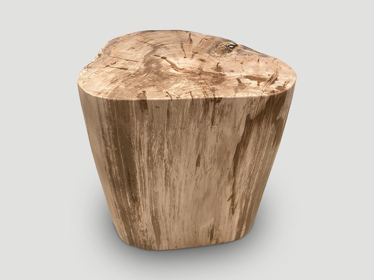 Beautiful tones and markings on this high quality petrified wood side table. It’s fascinating how Mother Nature produces these exquisite 40 million year old petrified teak logs with such contrasting colors and natural patterns throughout. Modern yet