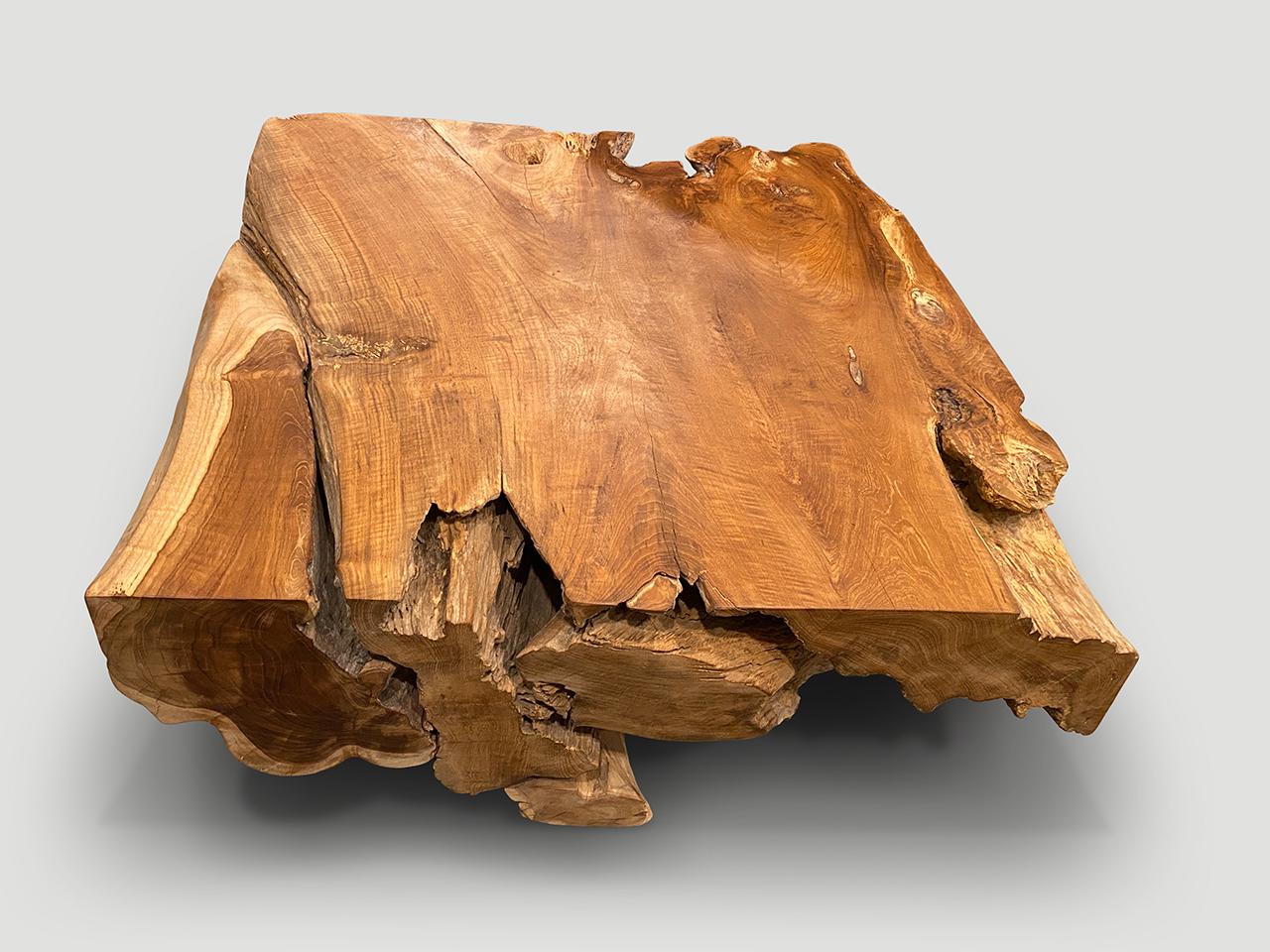 Impressive reclaimed teak root coffee table. Hand carved into this usable shape whilst respecting the natural organic wood. We polished the aged teak with a natural oil finish revealing the beautiful wood grain. Organic is the new modern. 

Own an