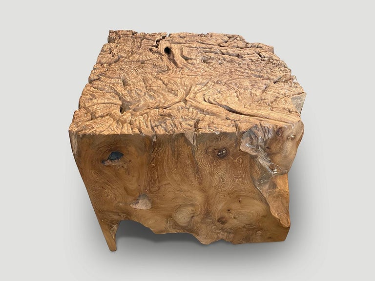 Impressive reclaimed teak root pedestal or oversized side table. Hand carved into this usable shape whilst respecting the natural organic wood. We polished the sides with a natural oil finish revealing the beautiful wood grain. The top has the