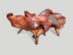 Andrianna Shamaris Sculptural Bench, Century Old Mahogany, Metal Base