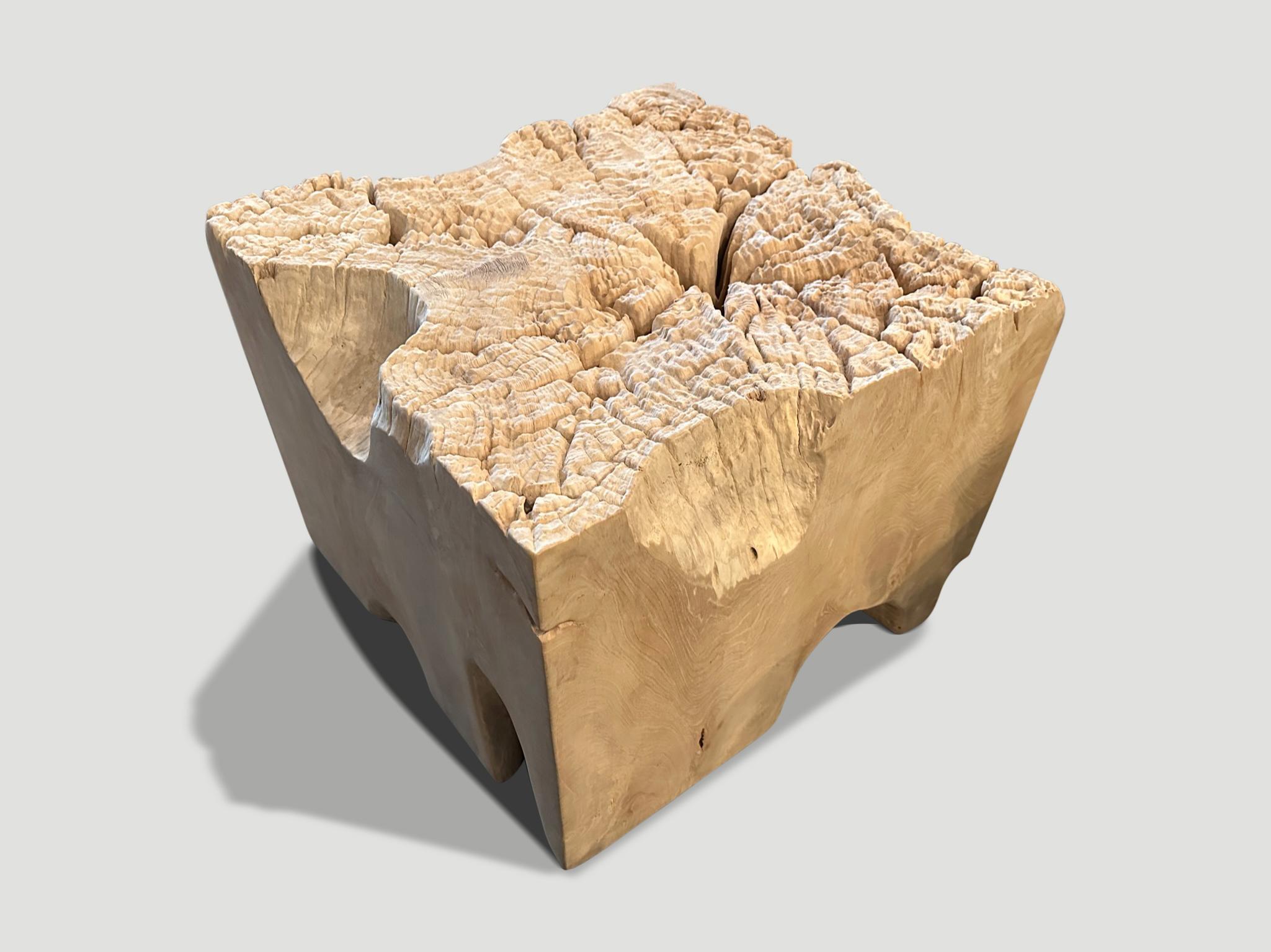 Impressive reclaimed teak root side table or coffee table. Hand carved into this usable shape whilst respecting the natural organic wood. The top has a natural rare erosion which occurs with wood over a hundred years old. Both sculptural and usable.