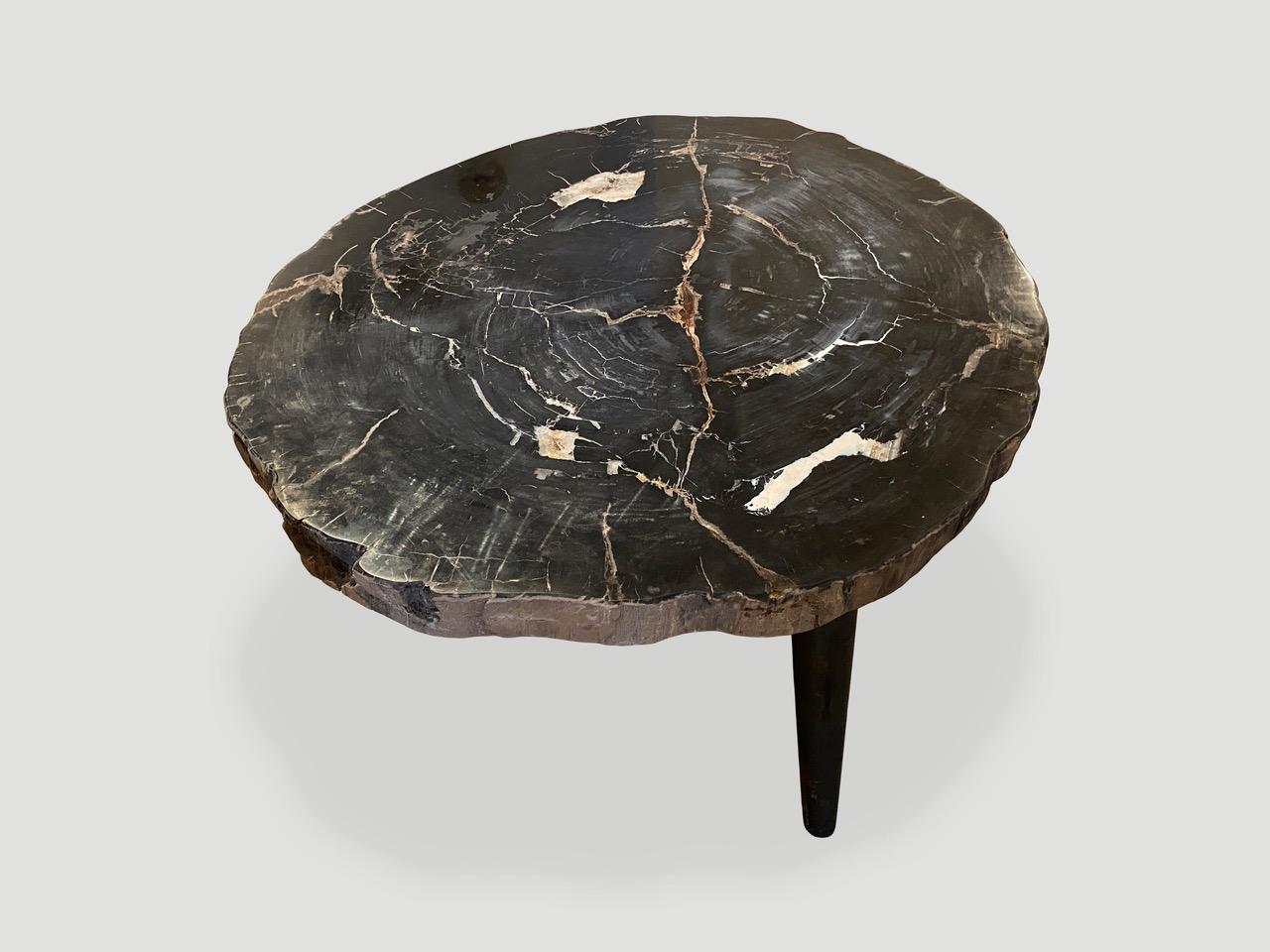 Stunning rare blue black tones on this petrified wood three inch slab coffee table. This large impressive slab is resting on a mid century style burnt metal base. Contrasting white markings and natural crystals are embedded on the top. We polished