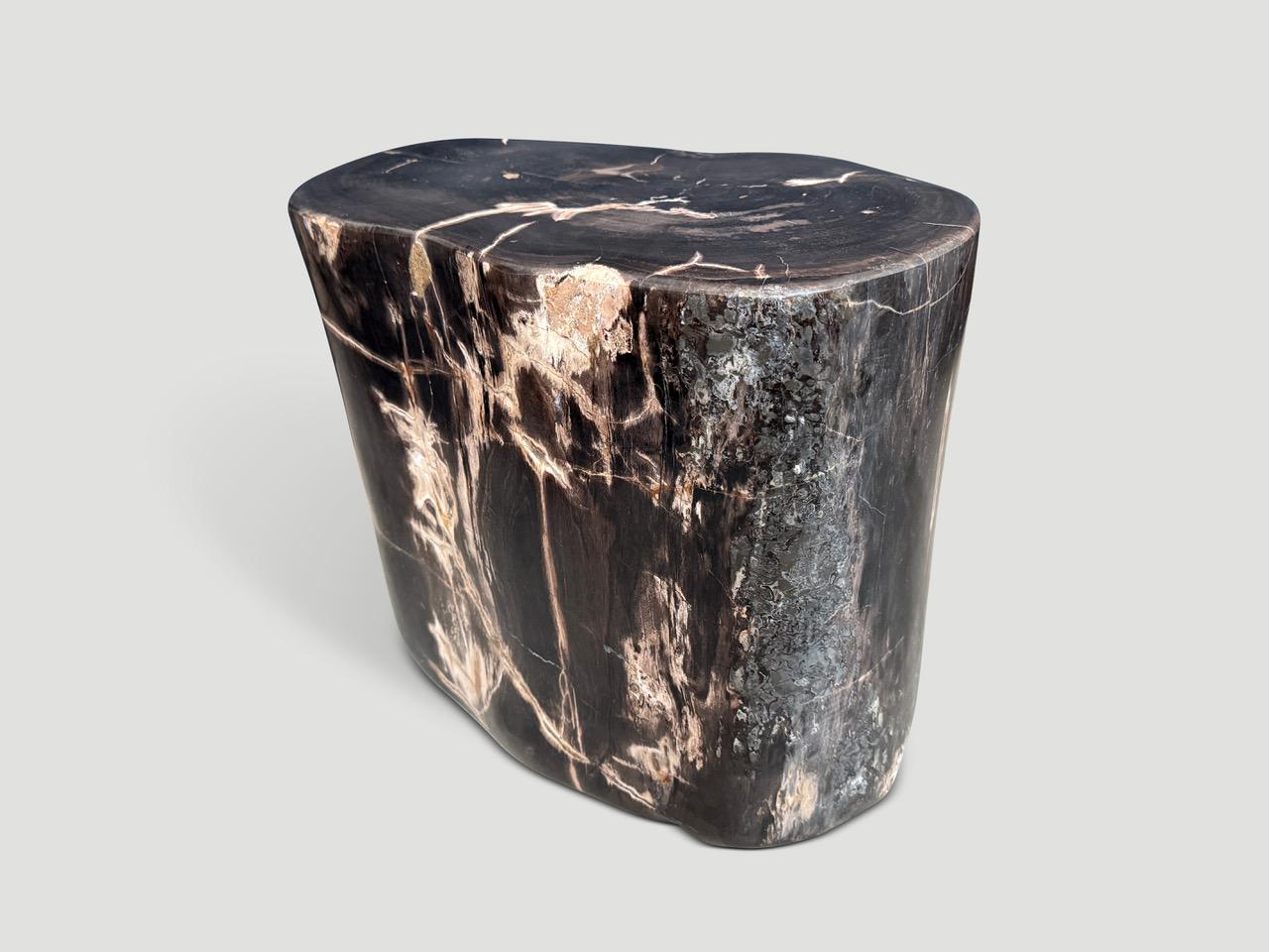 Impresionante belleza de tonos y marcas contrastadas en esta mesa auxiliar de madera petrificada superlisa de alta calidad. Es fascinante cómo la Mother Nature produce estos asombrosos troncos de teca petrificada de 40 millones de años de