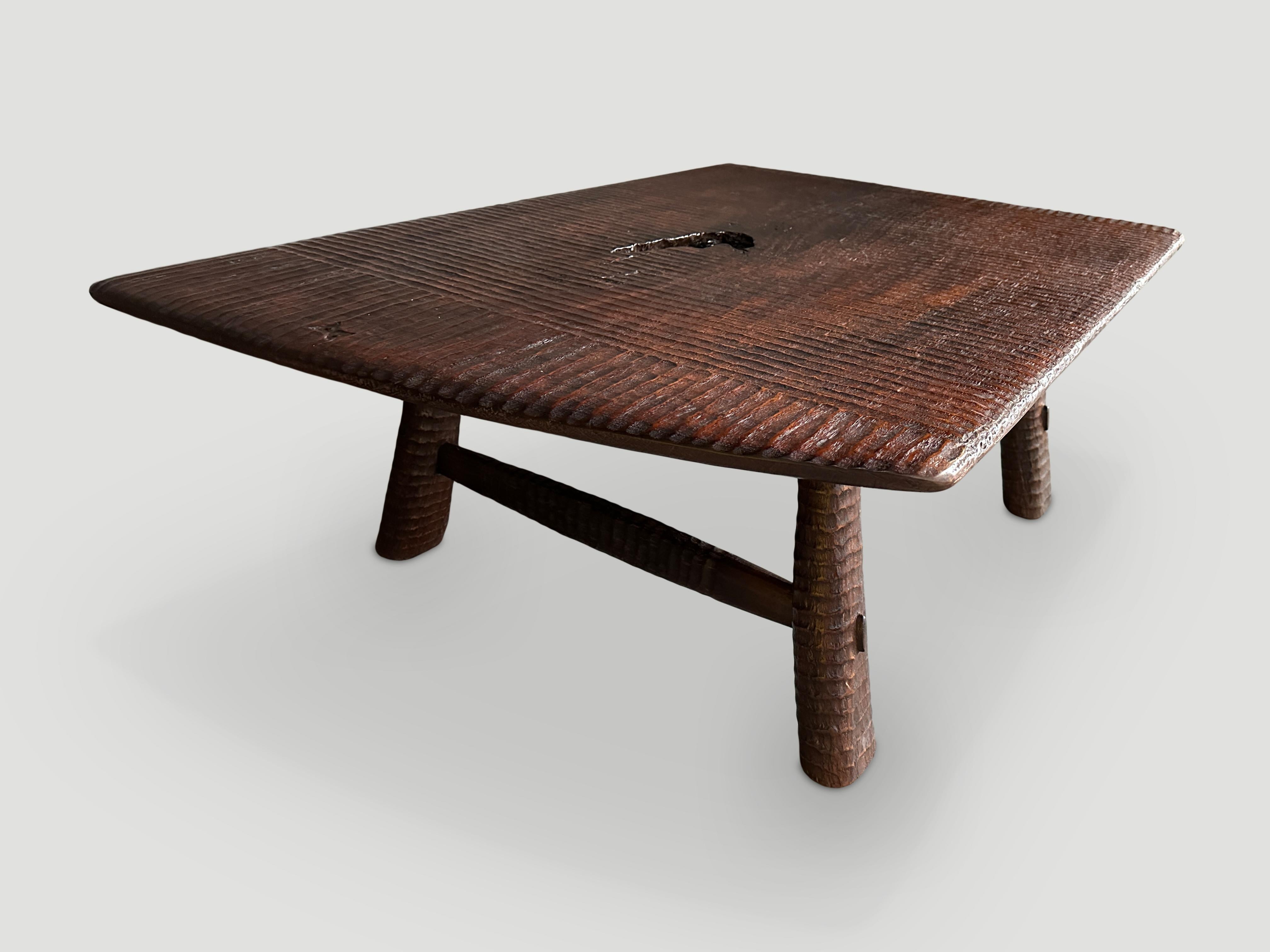 Organic Modern Andrianna Shamaris Impressive Teak Wood Minimalist Hand Carved Coffee Table For Sale