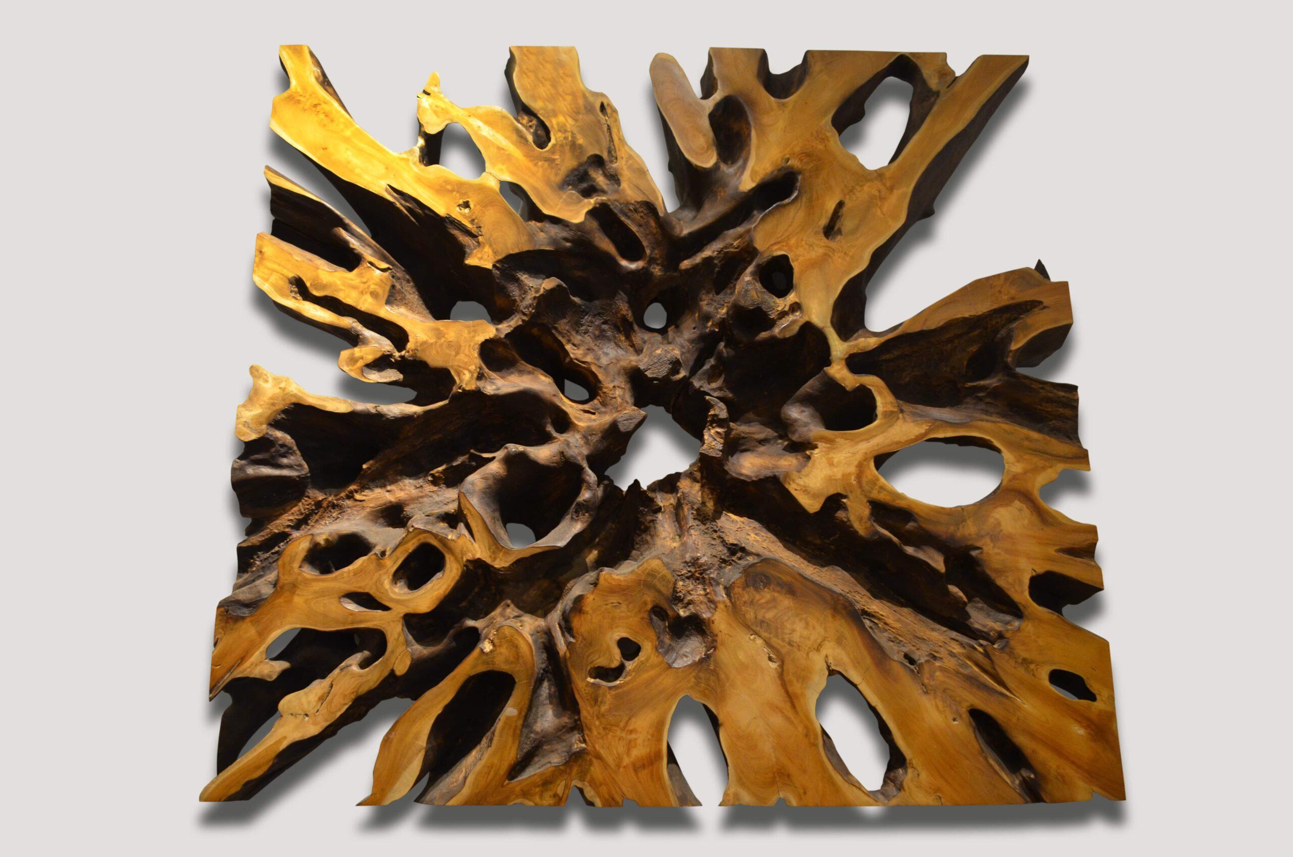 Andrianna Shamaris Impresionante mesa de centro o de arte de raíz de madera de teca Madera en venta