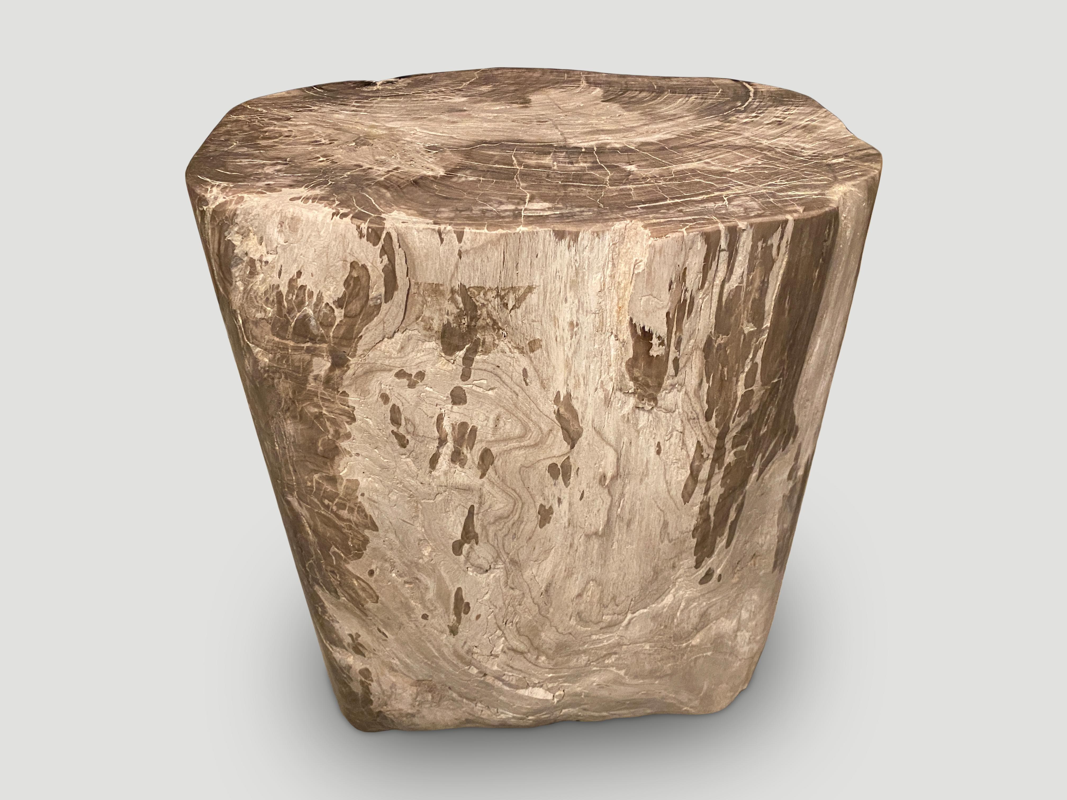 Impressive beautiful contrasting tones and textures on this ancient petrified wood side table. It’s fascinating how Mother Nature produces these exquisite 40 million year old petrified teak logs with such contrasting colors and natural patterns
