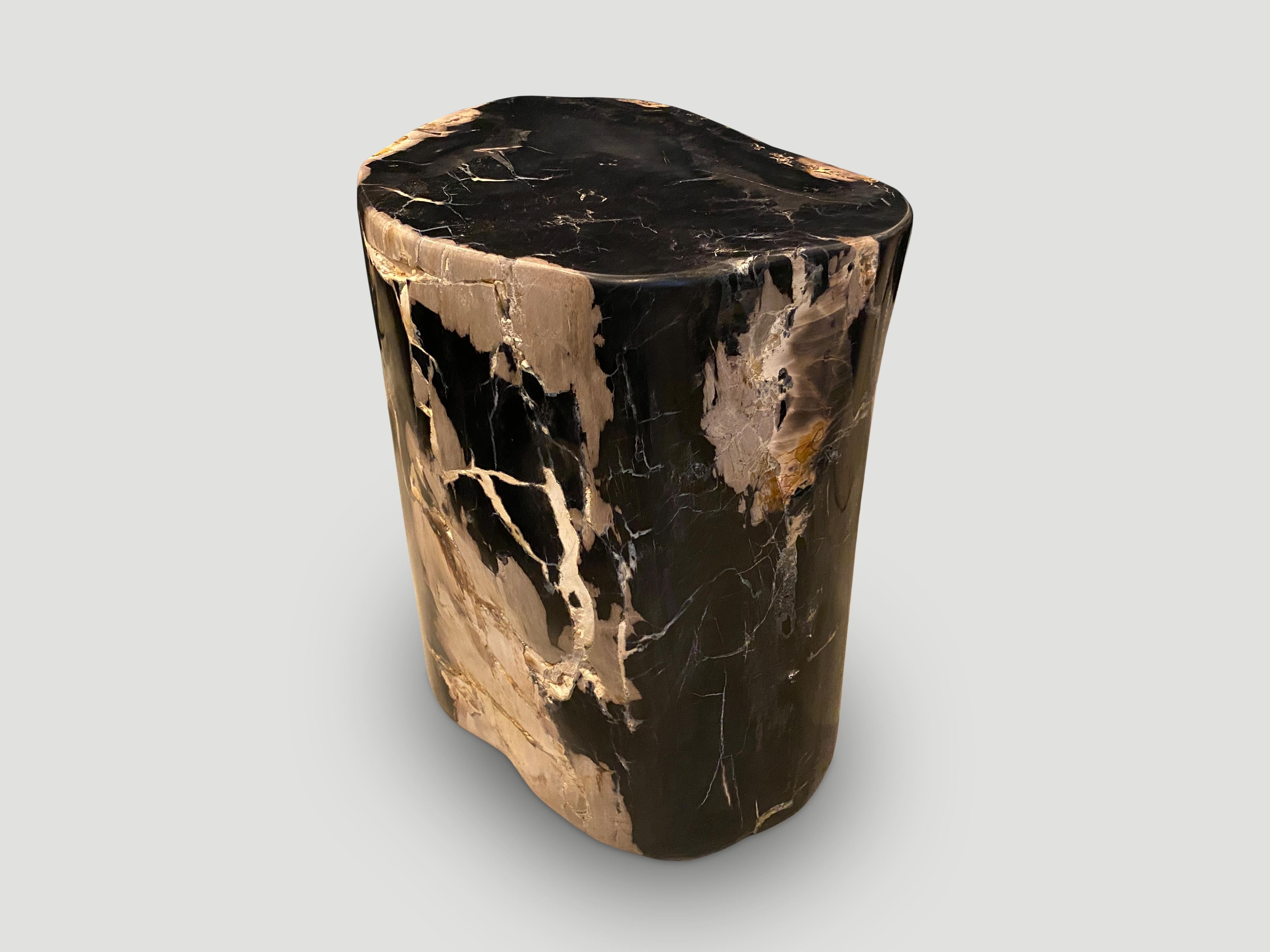 Impressive beautiful contrasting tones and textures on this ancient petrified wood side table. It’s fascinating how Mother Nature produces these exquisite 40 million year old petrified teak logs with such contrasting colors and natural patterns