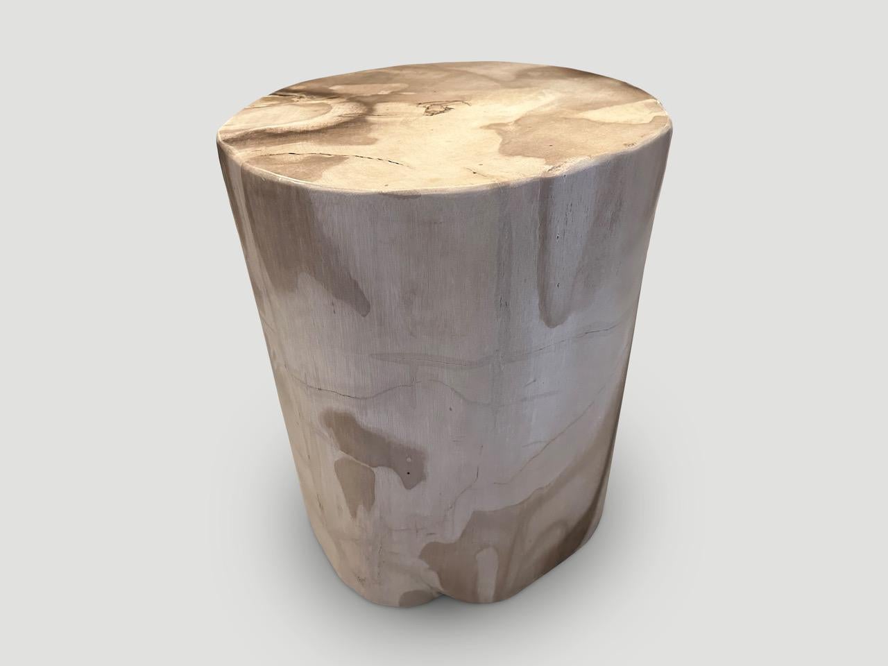 Impressive beautiful neutral tones and markings on this large high quality petrified wood side table. It’s fascinating how Mother Nature produces these exquisite 40 million year old petrified teak logs with such contrasting colors and natural