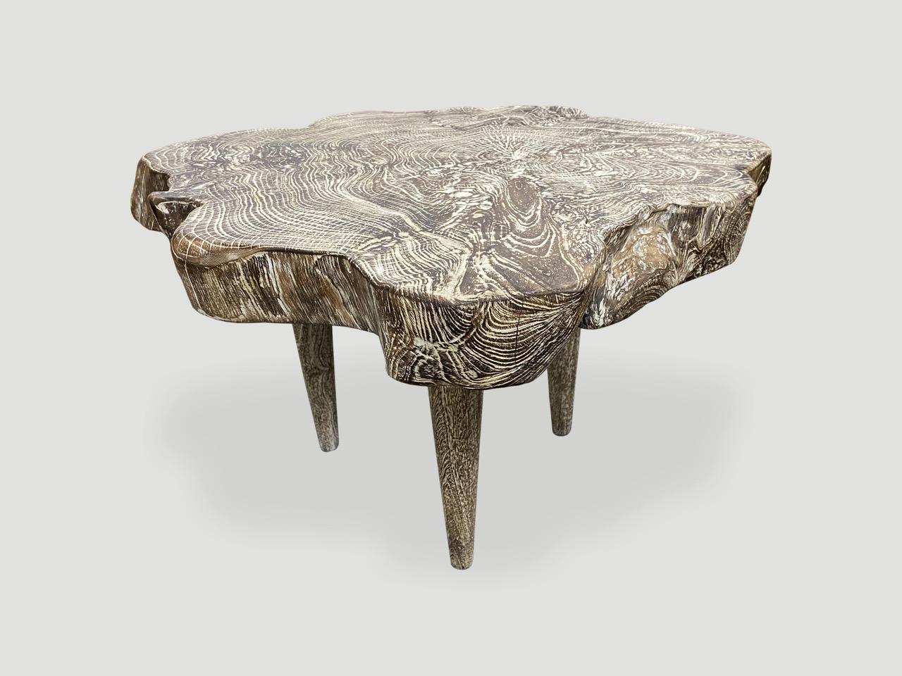 Organic Modern Andrianna Shamaris Live Edge Single Charred Cerused Teak Wood Side Table For Sale