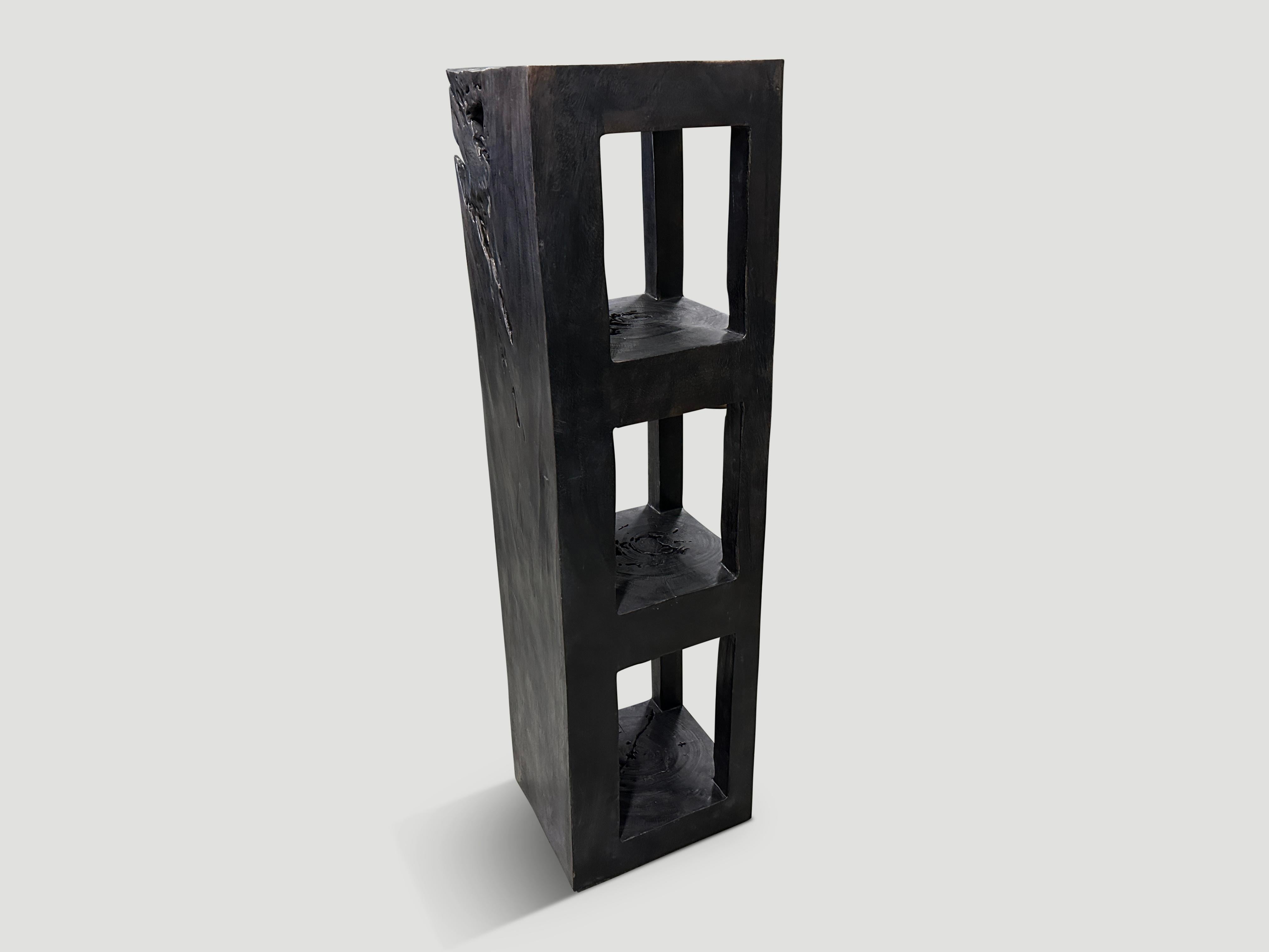 An impressive fallen teak log is hand carved into this beautiful display shelf whilst respecting the natural organic wood. The entire piece is cut from one log with no joins. Charred, sanded and sealed revealing the beautiful wood grain.

The