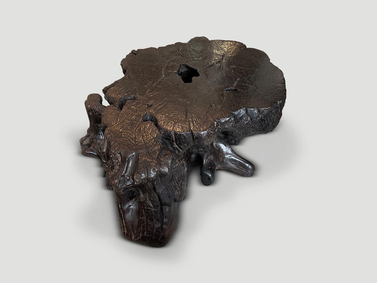 Impressive coffee table made from century old rare teak wood. We added an espresso stain revealing the beautiful wood grain. Both usable and sculptural, this teak comes from the root of the tree and is the hardest to source.

Own an Andrianna
