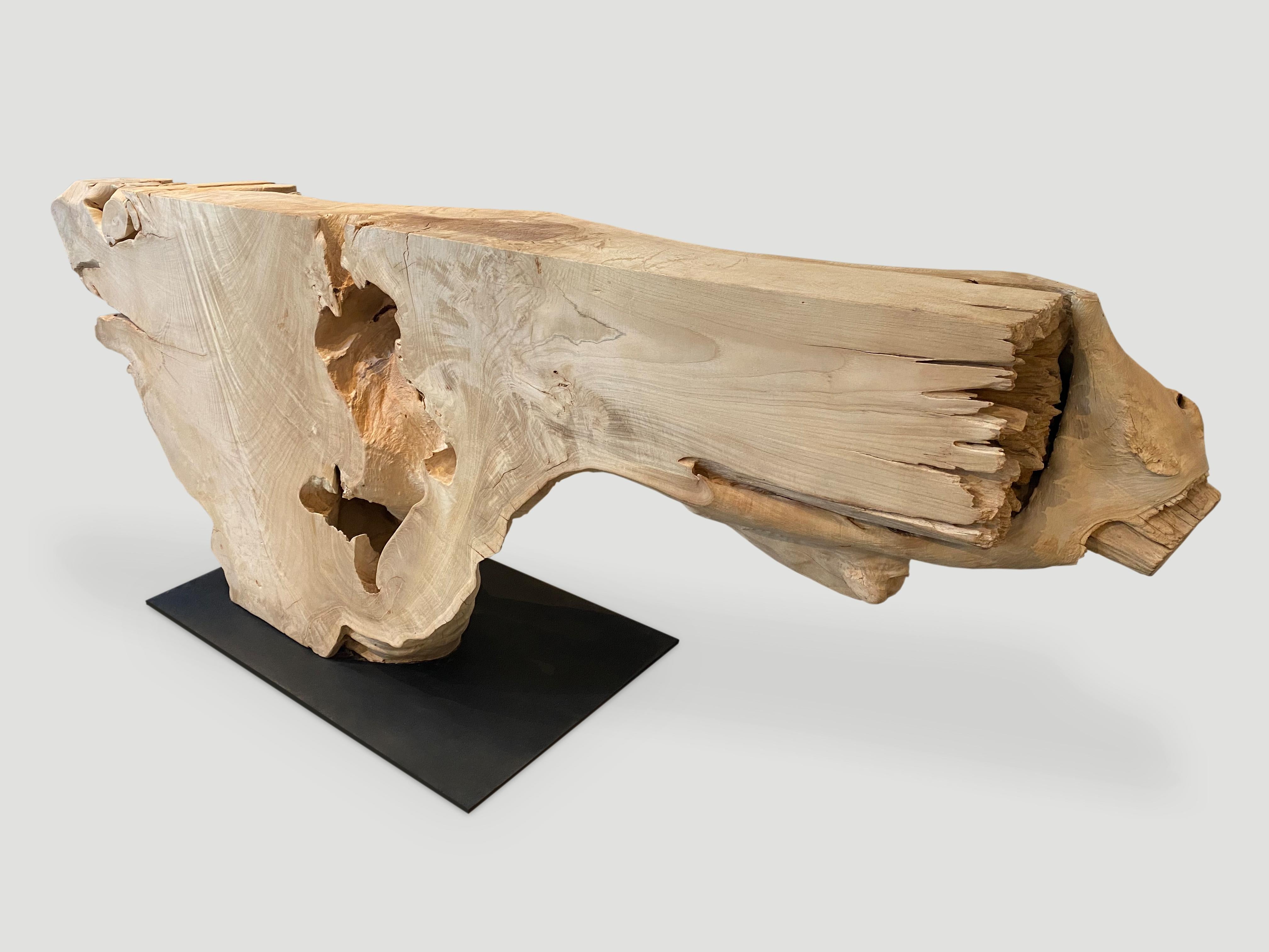 Massive, natural organic formed console table made from a hundred year old teak root. Perfect for a hotel entrance, restaurant or residence. The reclaimed teak is bleached and left to bake in the sun and sea salt air for over a year to achieve this