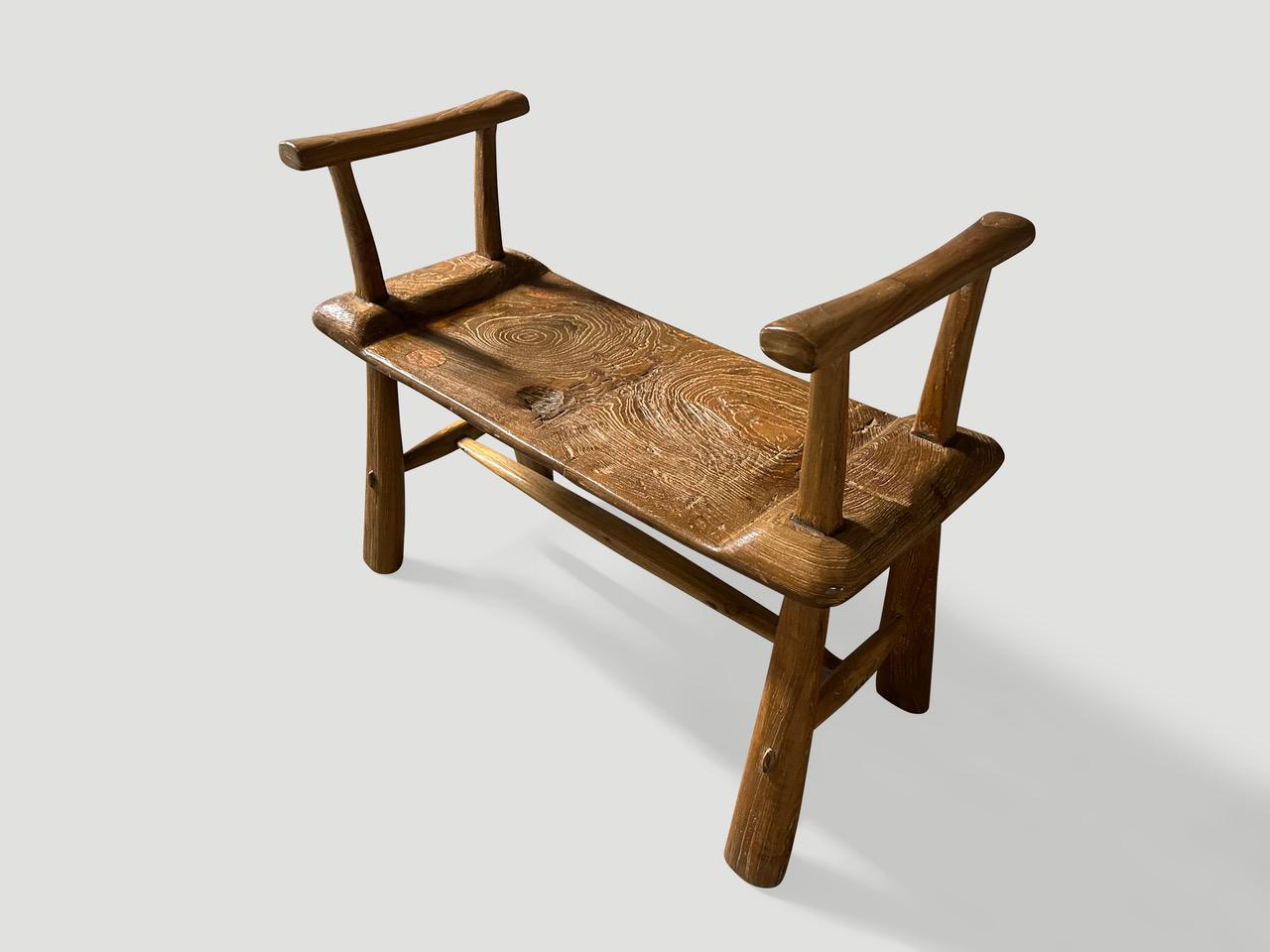 Indonesian Andrianna Shamaris Mid Century Couture Bench With Arms For Sale