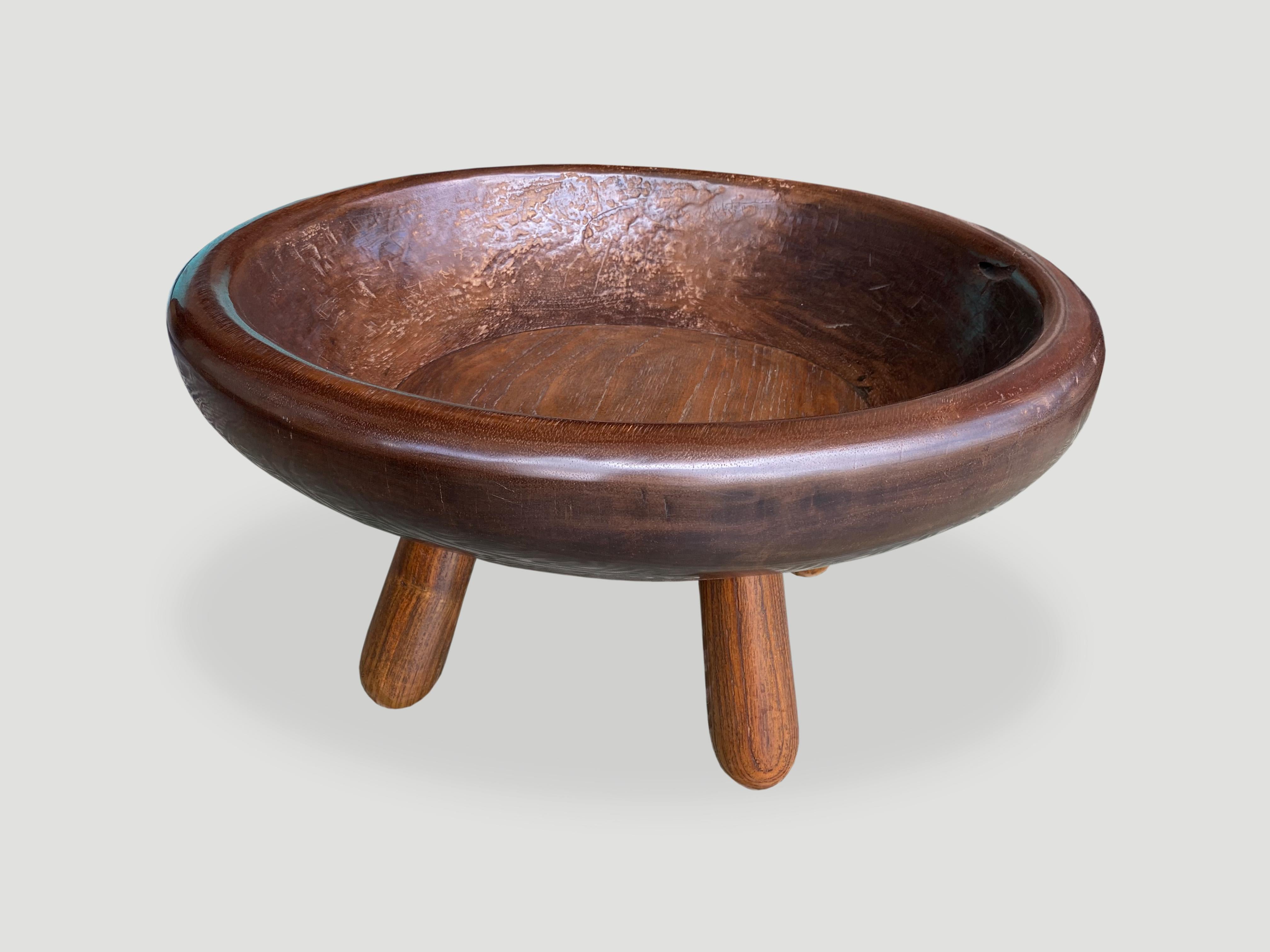 Introducing the midcentury Couture Collection new to 2021. Taken from my finest collection, a beautiful century old merbau wood bowl from Sumatra with stunning patina. We added midcentury style rounded teak legs. Perfect in a bathroom or spa for