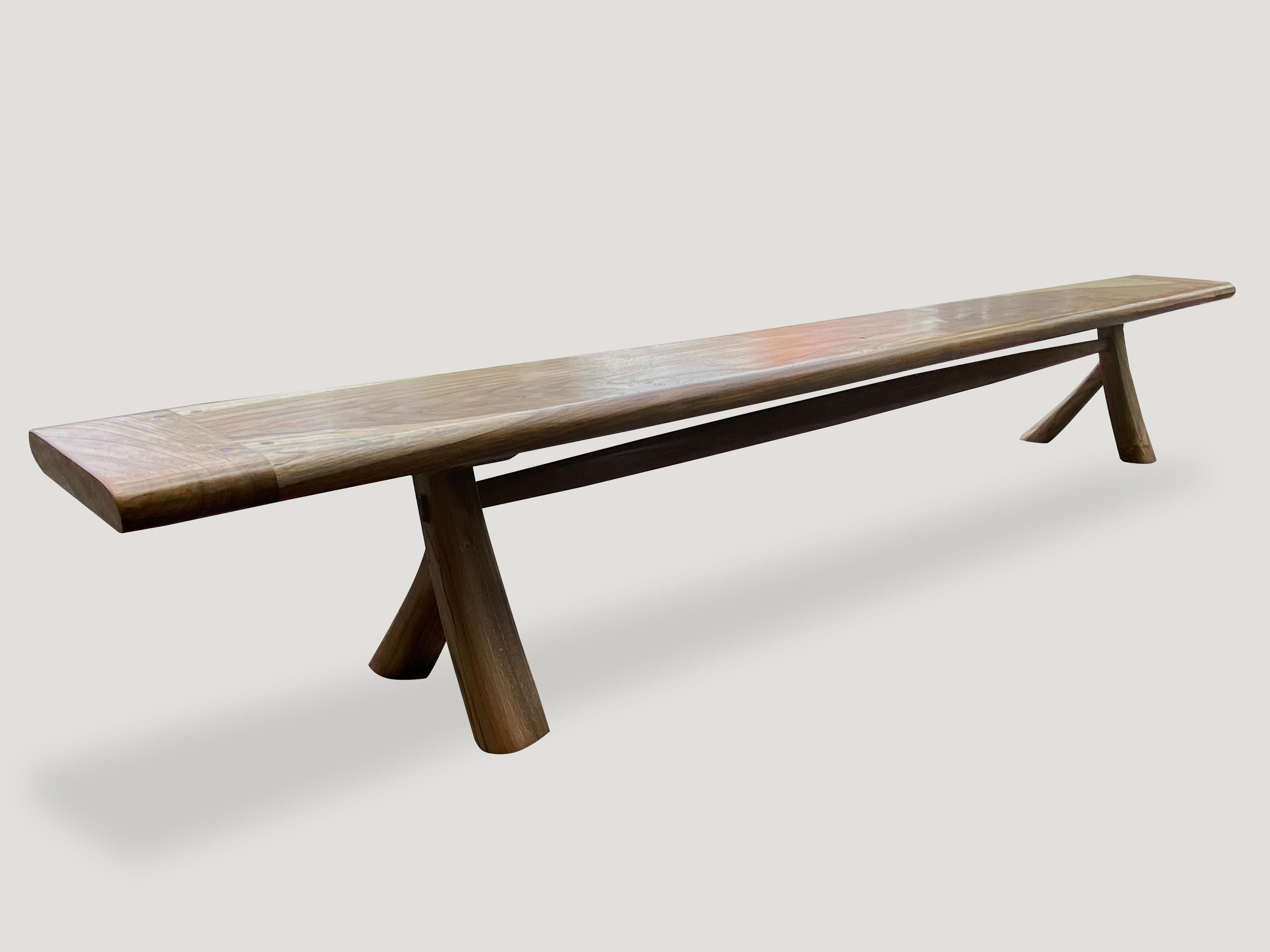 Andrianna Shamaris Mid Century Couture Long Teak Wood Bench For Sale 2