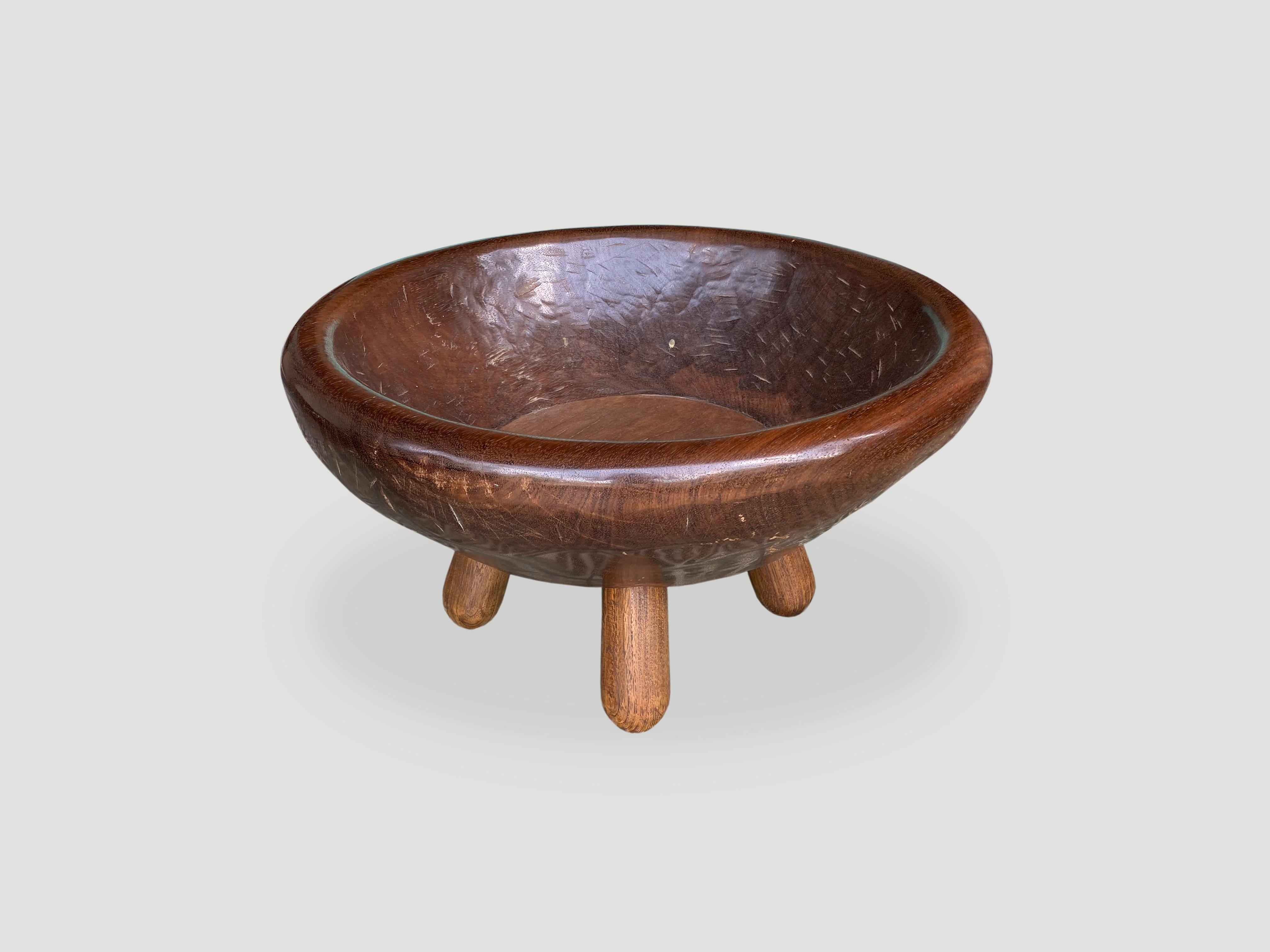 Introducing the midcentury Couture Collection new to 2021. Taken from my finest collection, a beautiful century old merbau wood bowl from Sumatra with stunning patina. We added midcentury style rounded teak legs. Perfect in a bathroom or spa for