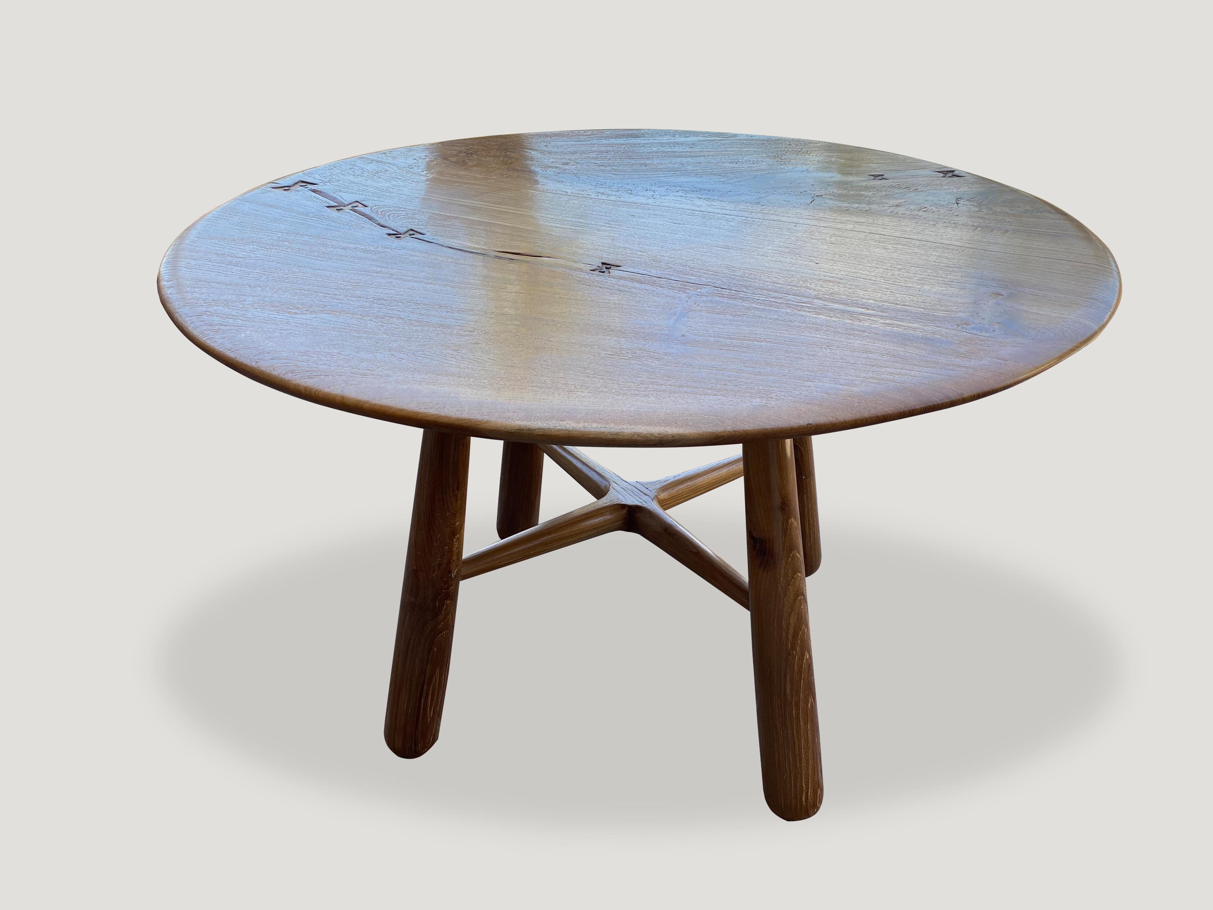 Andrianna Shamaris Couture Round Butterfly Teak Wood Inlay Table In Excellent Condition In New York, NY