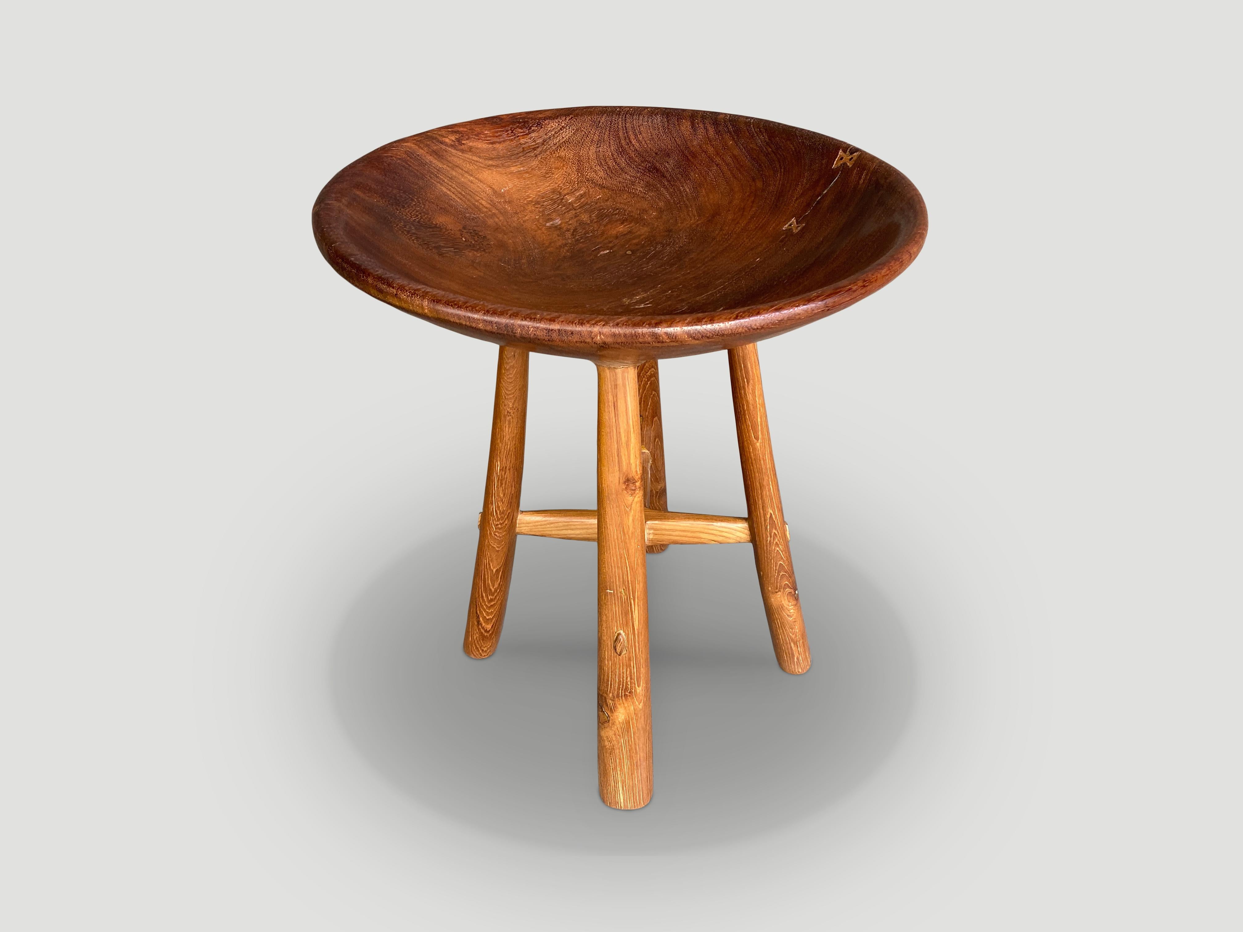 Introducing the mid-century Couture Collection. Furniture constructed by hand from start to finish. A beautiful century old Merbau deep wood bowl from Sumatra, is polished with a natural oil revealing the stunning wood grain. We added mid century