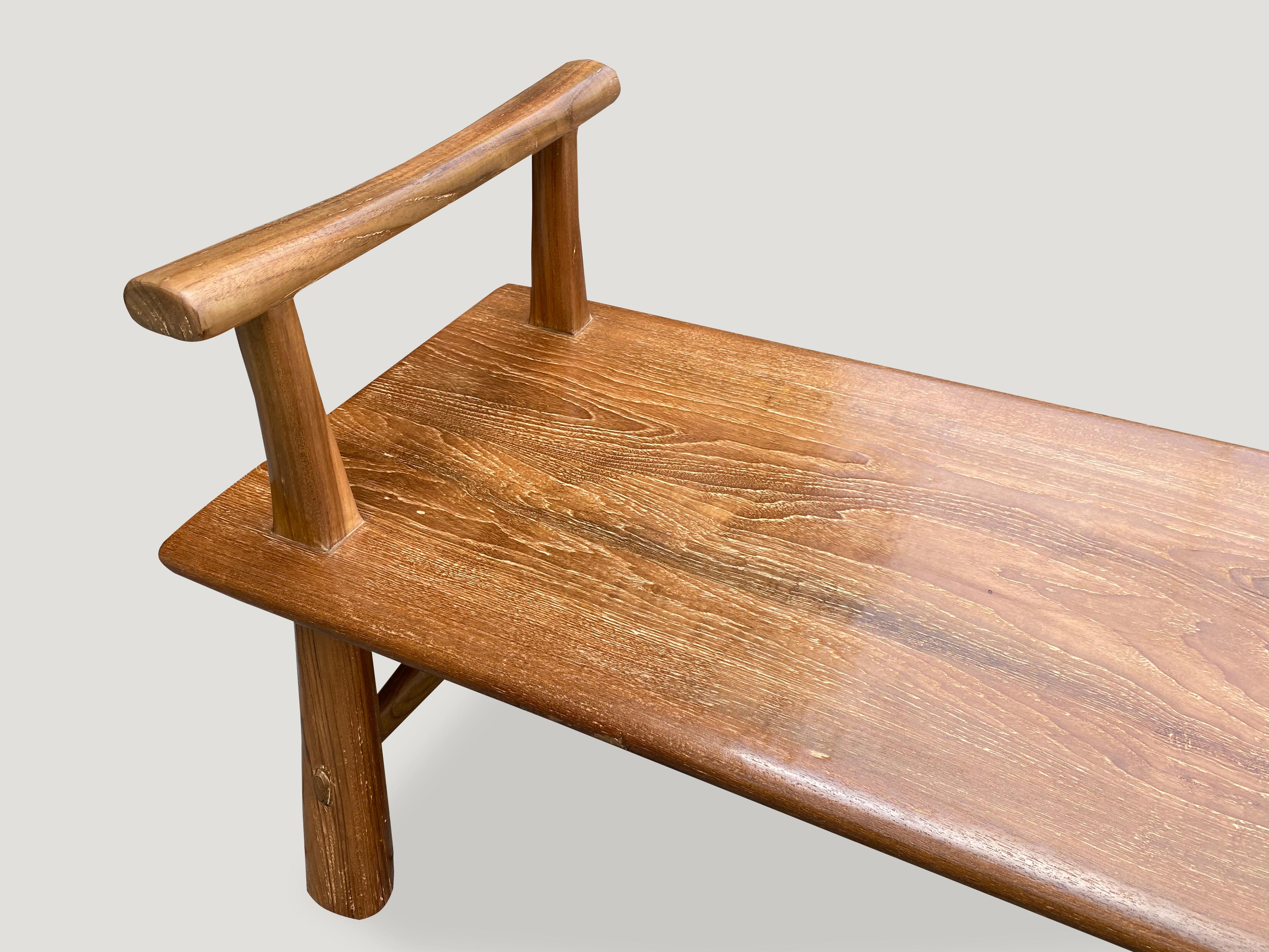 Mid-Century Modern Andrianna Shamaris Midcentury Couture Teak Wood Bench with Arms For Sale