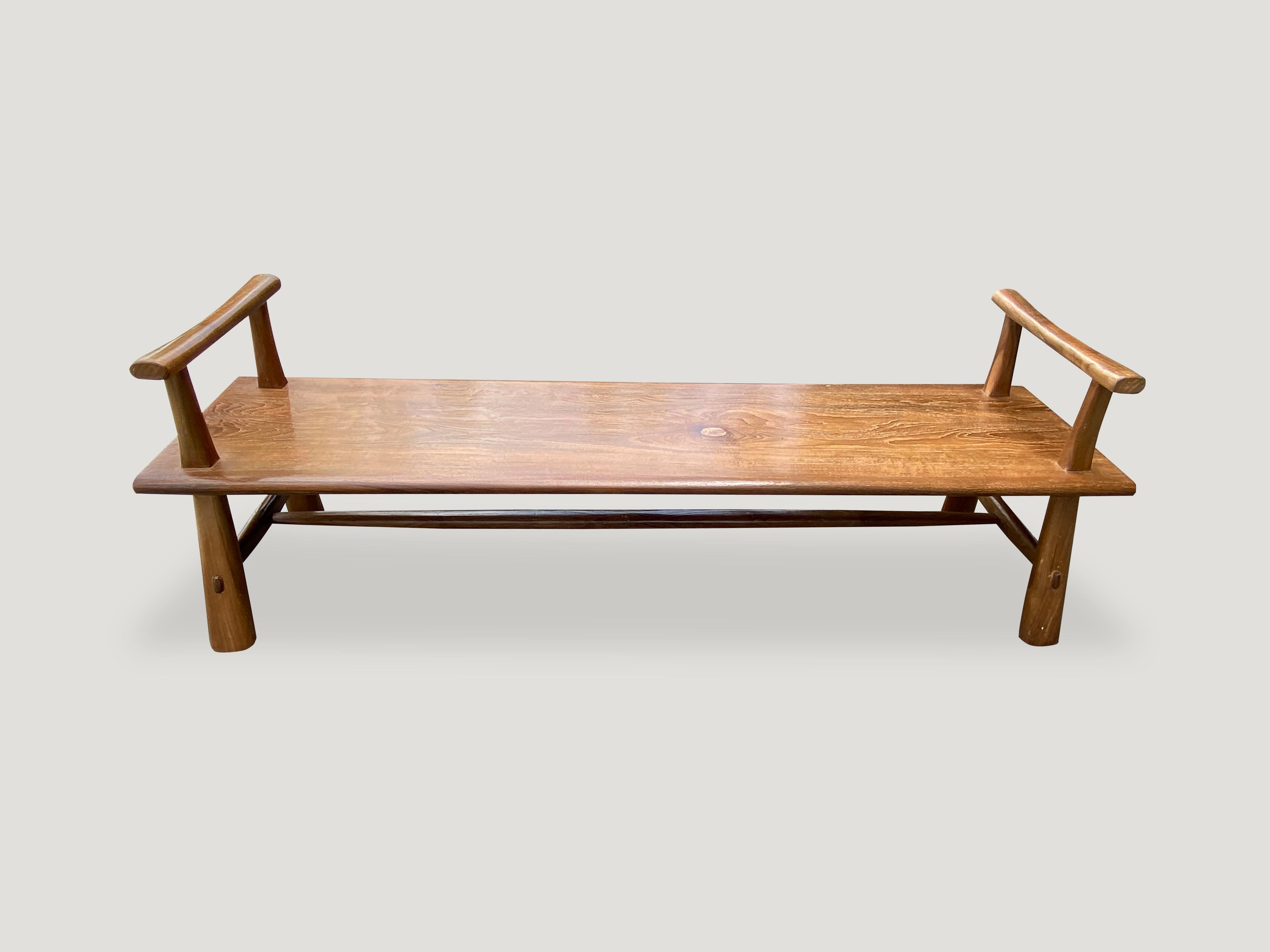 Andrianna Shamaris Midcentury Couture Teak Wood Bench with Arms In Excellent Condition For Sale In New York, NY