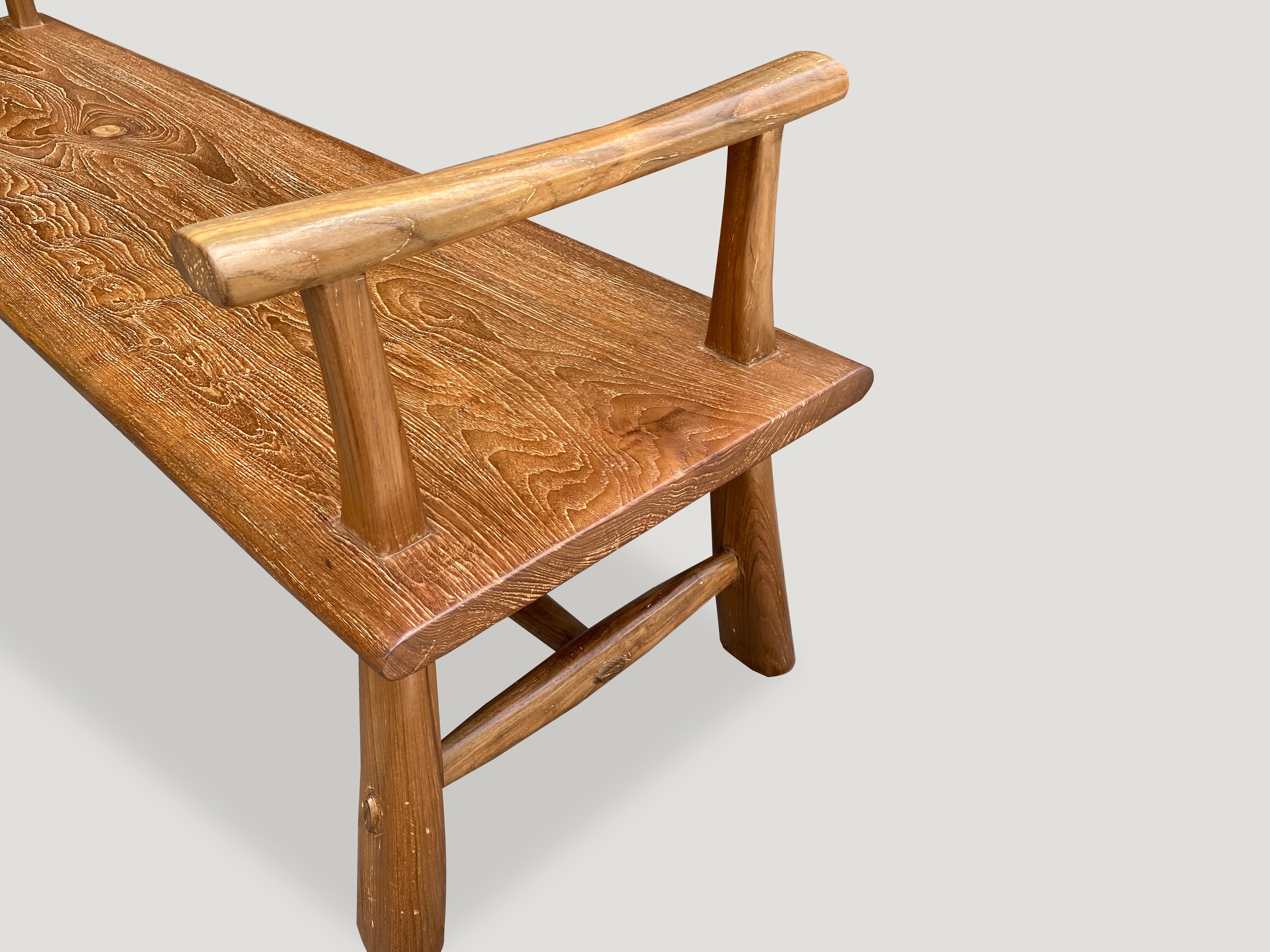 Contemporary Andrianna Shamaris Midcentury Couture Teak Wood Bench with Arms For Sale